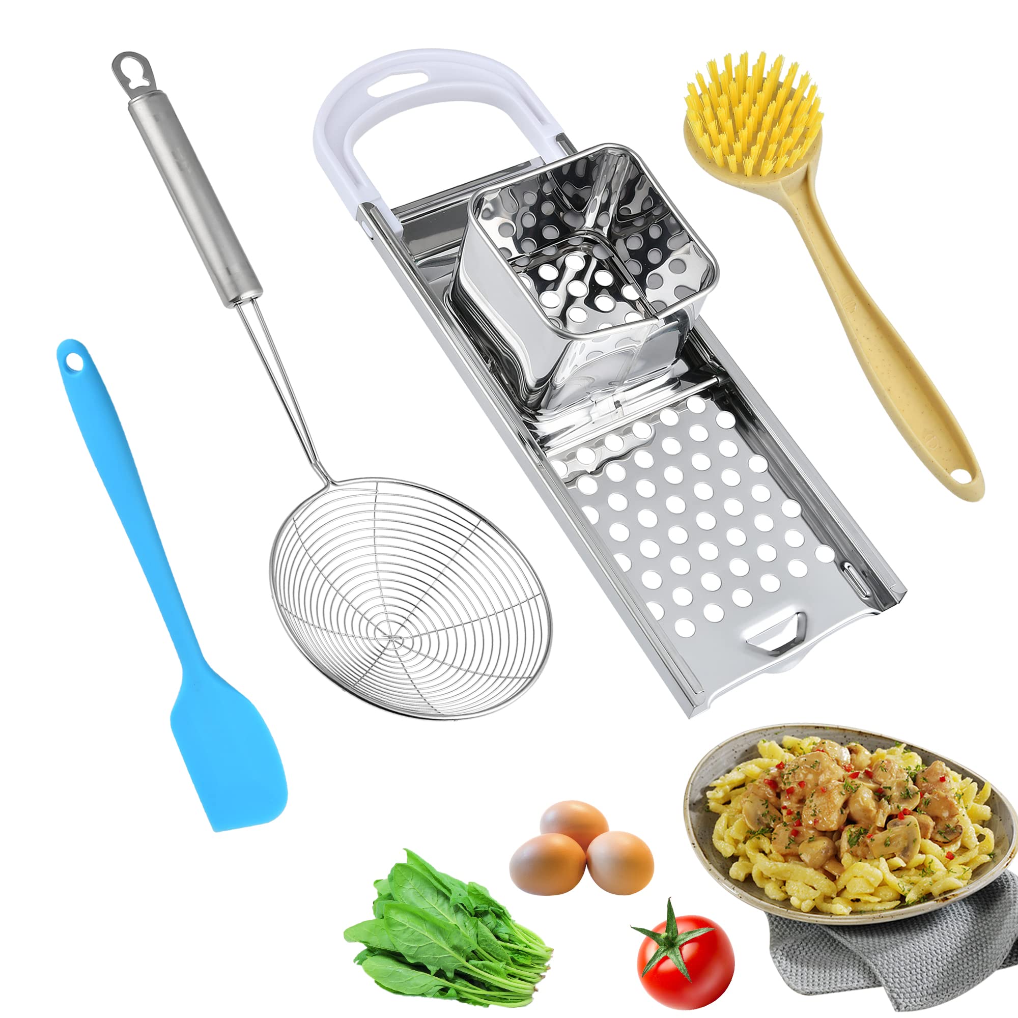 Premium Stainless Steel Spaetzle Maker - Authentic German Noodle Press with Ergonomic Rubber Handle | Includes Skimmer, Spider Strainer, Silicone Spatula & Cleaning Brush | Perfect for Homemade Pasta, Dumplings & Traditional European Cuisine