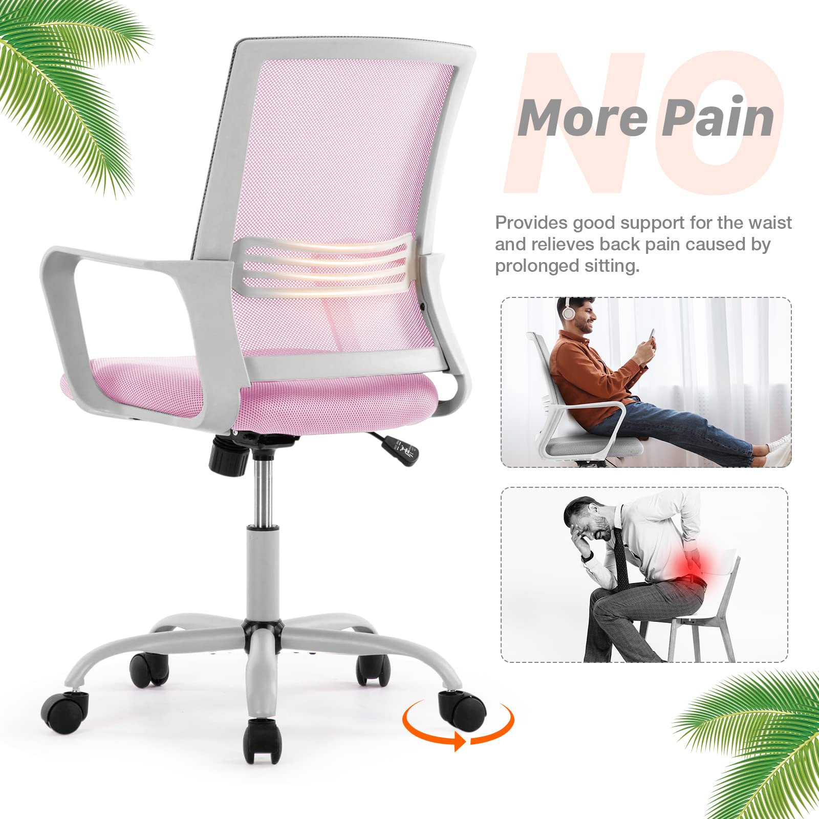 Ergonomic Executive Mid Back Office Chair - Adjustable Height, Lumbar Support, Swivel & Rolling for Home & Business Use - Pink (Perfect for Long Hours of Work & Study)