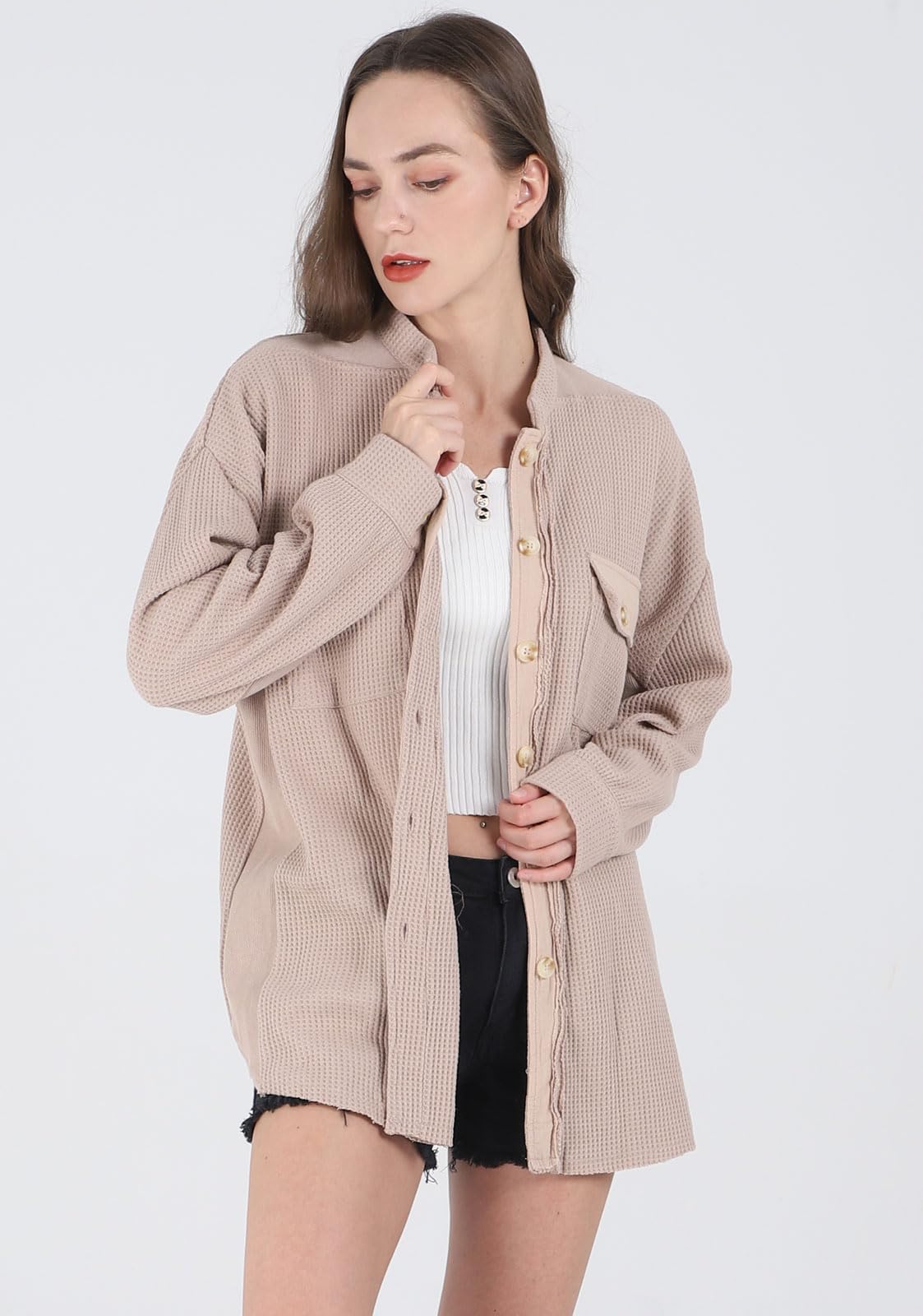 Loveimgs Women's Oversized Waffle Knit Shirt - Fall Corduroy Long Sleeve Button Down Shacket Jacket | Casual Outfit for Autumn, Layering & Outdoor Activities