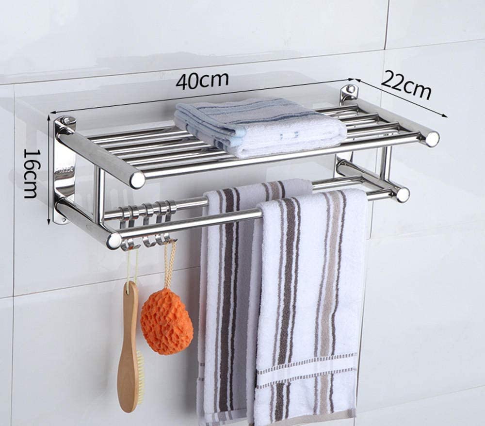 Stainless Steel Wall Mounted Towel Rack with Hooks - Double Towel Bar Rail & Storage Shelf Holder for Bathroom & Kitchen - 40cm & 50cm Options - Perfect for Small Spaces & Modern Home Decor