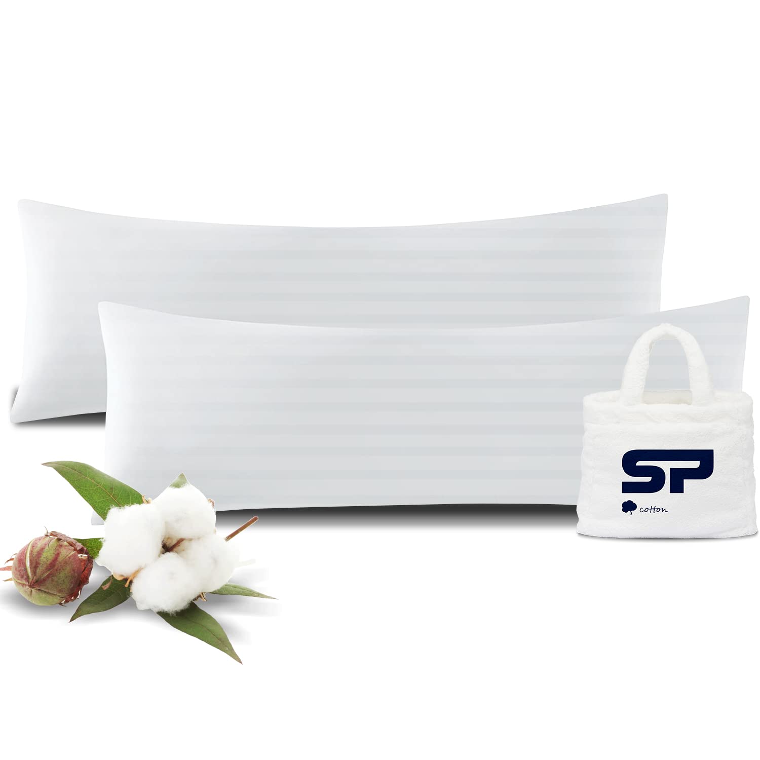 Premium 20x54 Inch White Striped Body Pillow Cover - 600 Thread Count 100% Egyptian Cotton with Zipper Closure - Soft Hypoallergenic Pillowcase for Pregnancy Support, Back Pain Relief & Comfortable Sleep - Perfect for Maternity, Side Sleepers and Home Decor