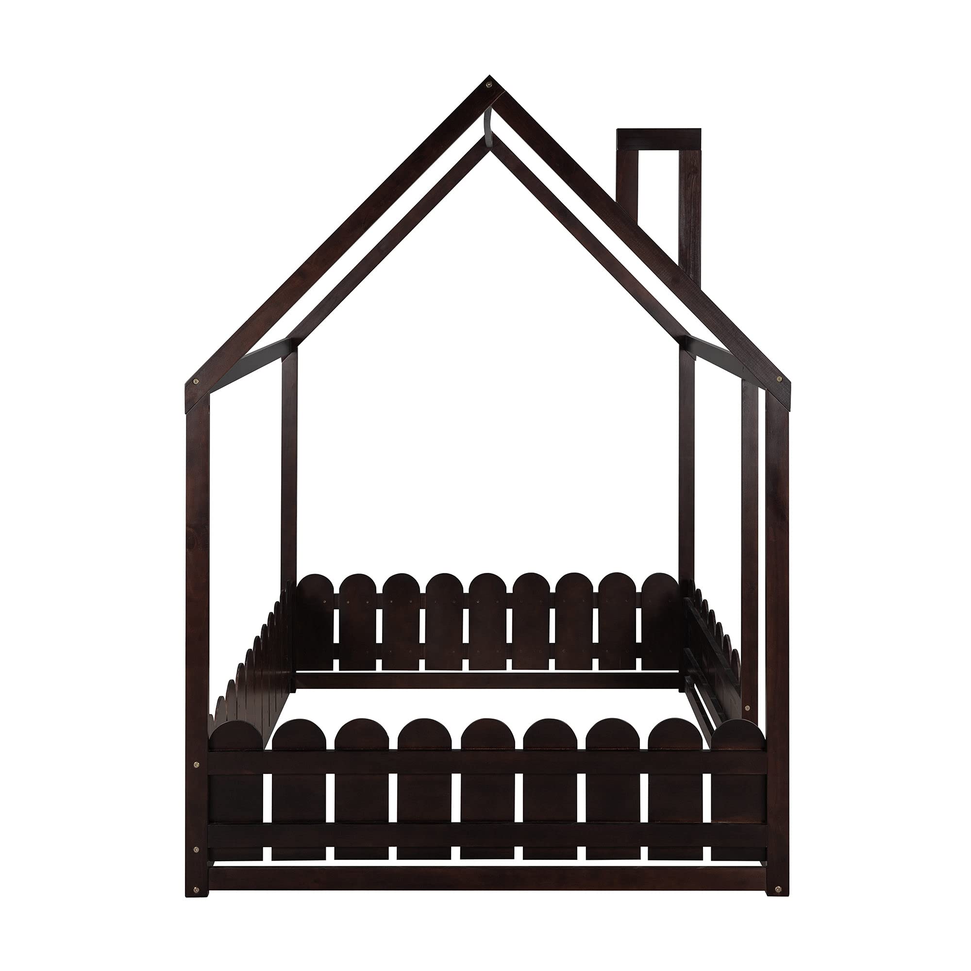 **House-Shaped Kids Wooden Floor Bed Frame with Safety Fence - Full Size, Espresso - No Weight Limit, Box Spring Needed - Perfect for Toddlers, Children & Teens (Girls & Boys) - Ideal for Playrooms, Bedrooms & Montessori Spaces**