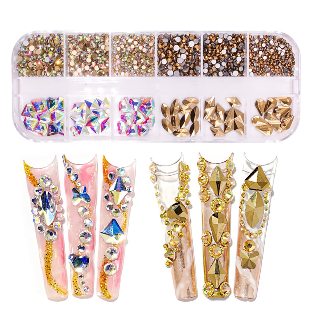 2520pcs Flat Back Mineral Gold Crystal AB Rainbow Pink Rhinestones for Nails - Multi Shapes & Sizes Nail Art Gems for DIY Manicure, Jewelry Making, and Crafting - Perfect for Nail Salon, Home Decoration, and Gift Giving