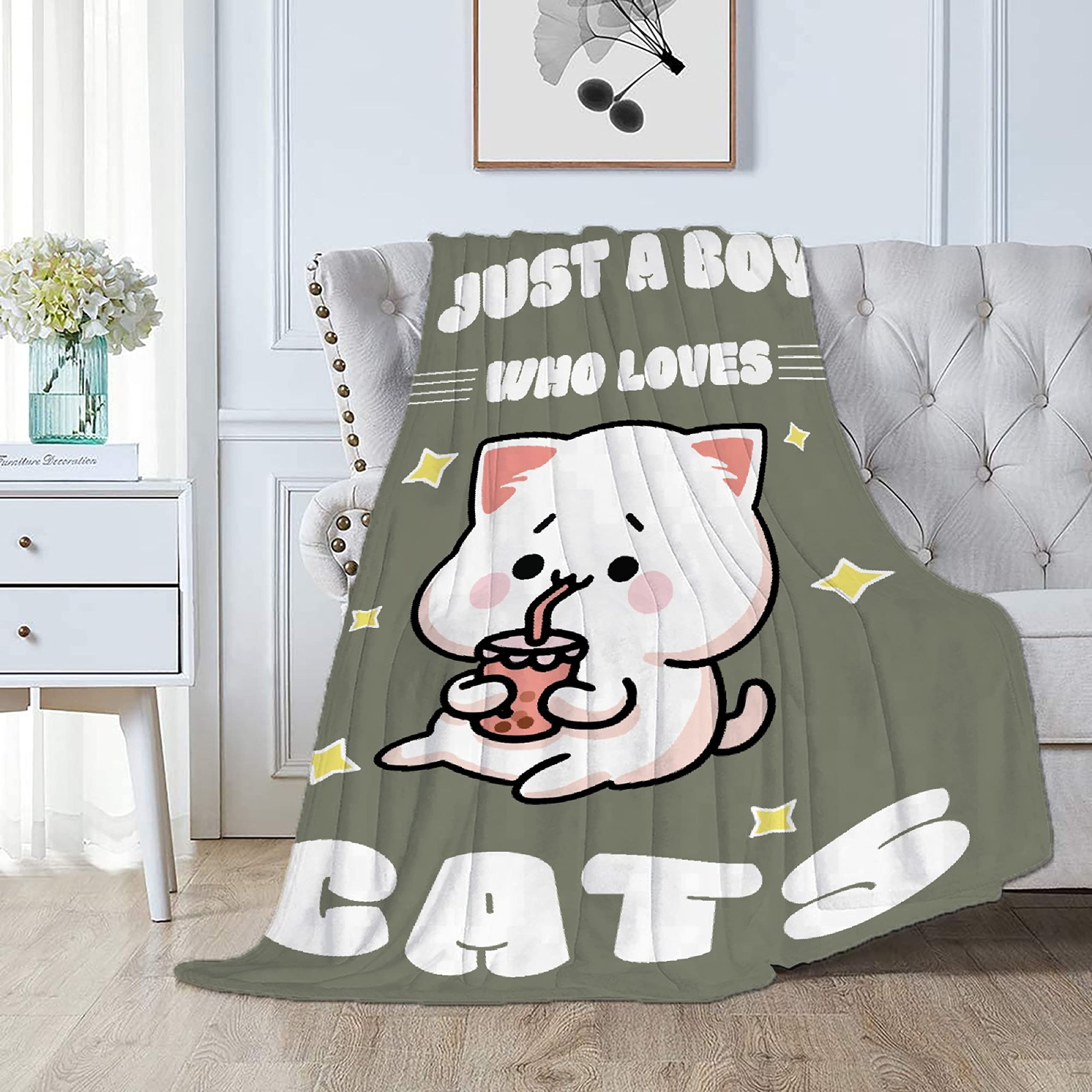 Just A Boy Who Loves Cats Flannel Blanket - Soft & Cozy Plush Throw for Queen/Twin Size (120x90in) - Perfect for Living Room, Couch, Travel, Outdoor Picnics & Family Gatherings