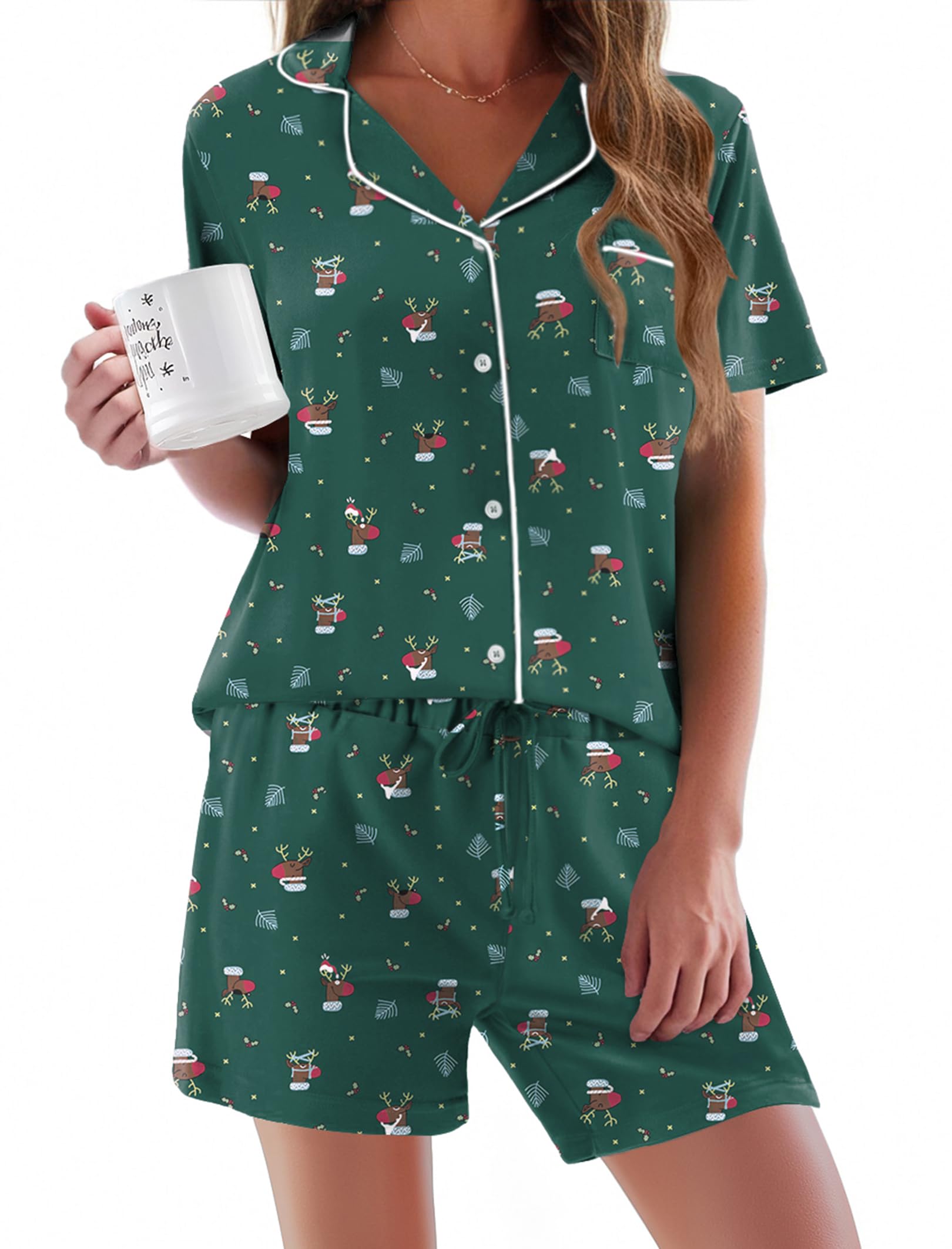 Ekouaer Women's Short Sleeve Pajama Set - Soft Button Down Sleepwear & Lounge Outfit - Perfect for Relaxing at Home, Sleepovers, and Cozy Nights