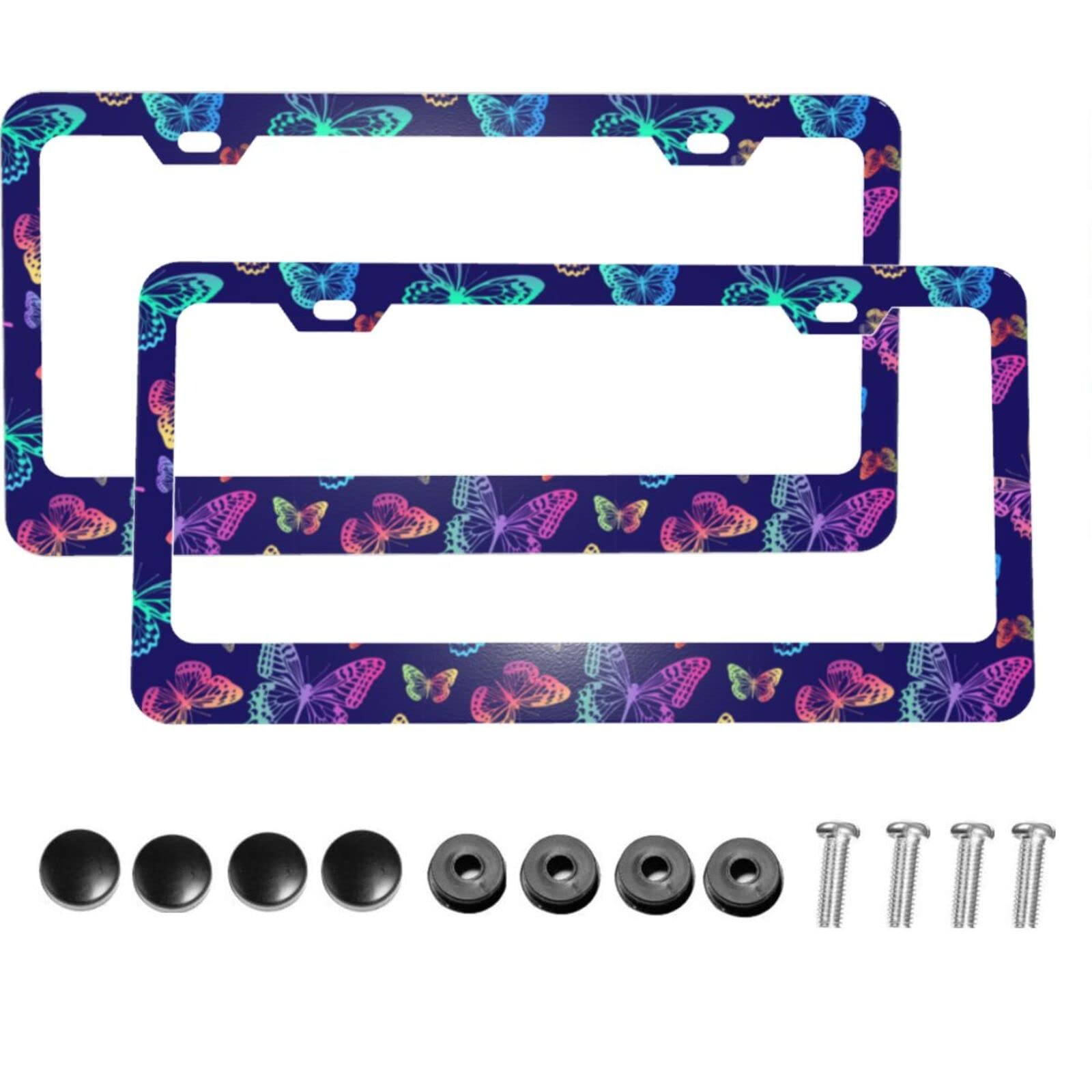 KiuLoam 2-Pack Rainbow Butterfly Blue Metal License Plate Frames - US Standard Car Plate Holder with Screws for Vehicle Protection & Decoration | Perfect for Customizing Cars, Trucks & SUVs