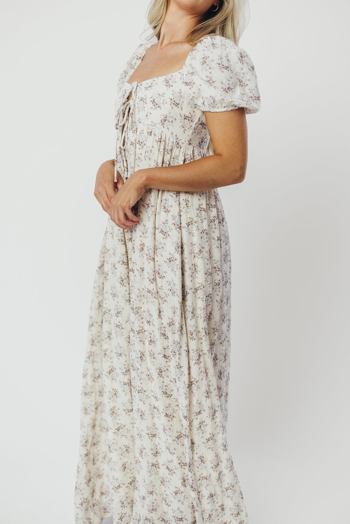 Haven 100% Cotton Tie Front Maxi Dress - Blue & Brown Floral Print | Bump Friendly Maternity Dress | Perfect for Beach, Vacation & Summer Outfits