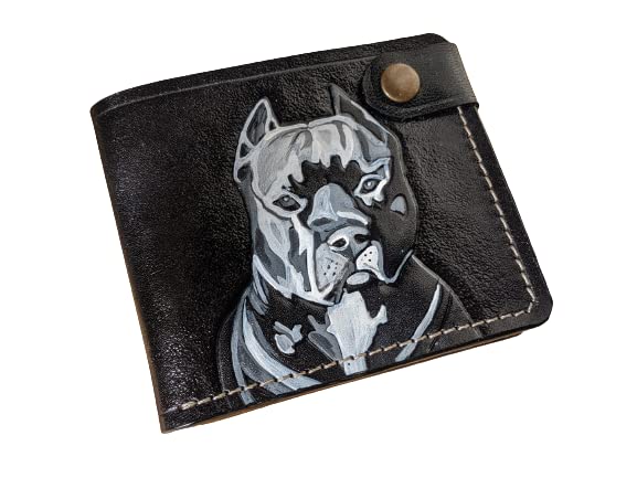 Handmade 3D Genuine Leather Bifold Wallet for Men - Custom Pit Bull Terrier & Amstaff Dog Design - Personalized Engraved & Airbrushed Pet Lover Gift for Dad, Husband - Perfect for Everyday Use & Special Occasions