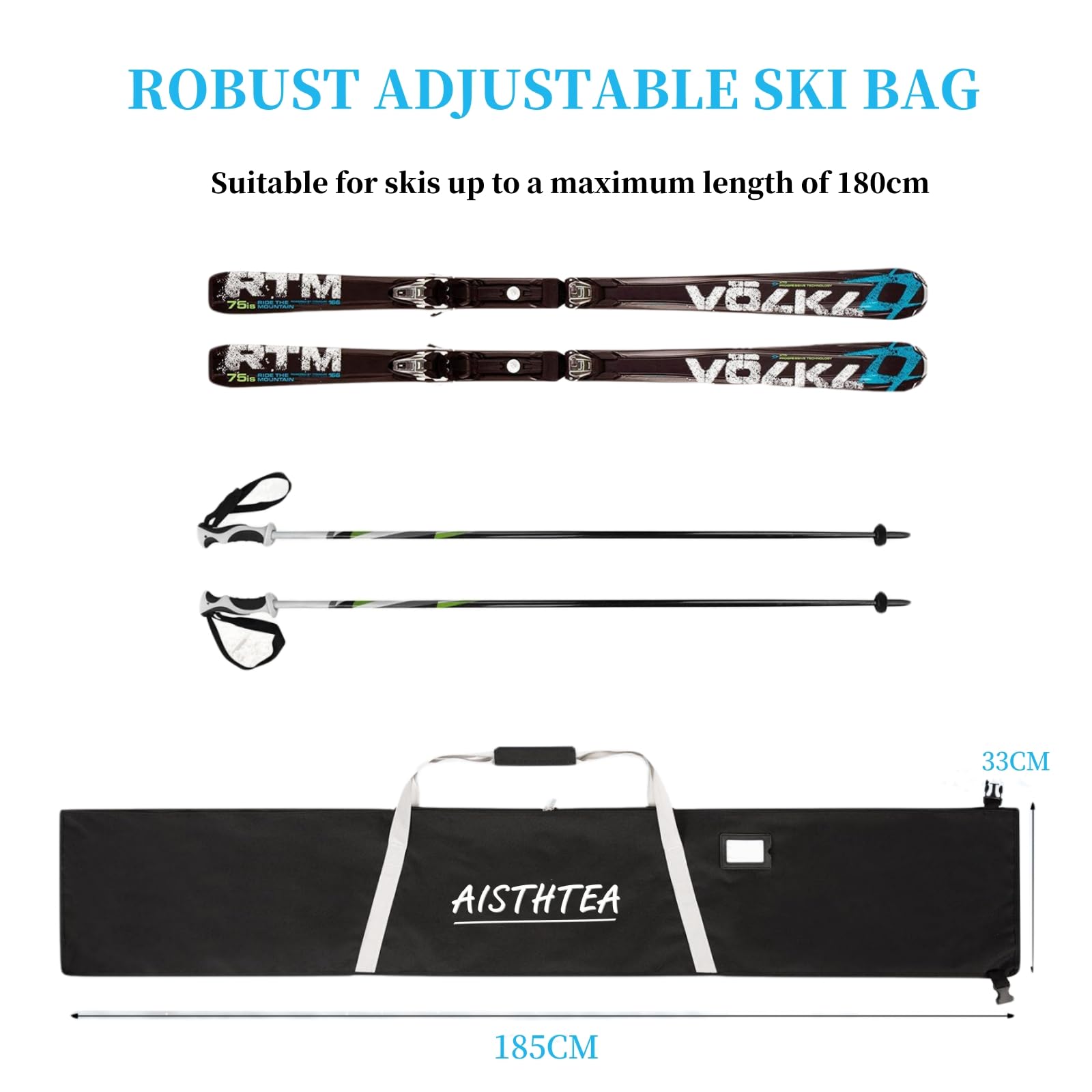 **1680D Waterproof Ski & Snowboard Travel Bag - Adjustable Length, Durable Polyester, Fits Skis Up to 180cm - Perfect for Air Travel & Winter Sports Storage (Black, Unisex)**    *Use Case: Ideal for protecting skis and snowboards during travel, storage, and harsh weather conditions.*