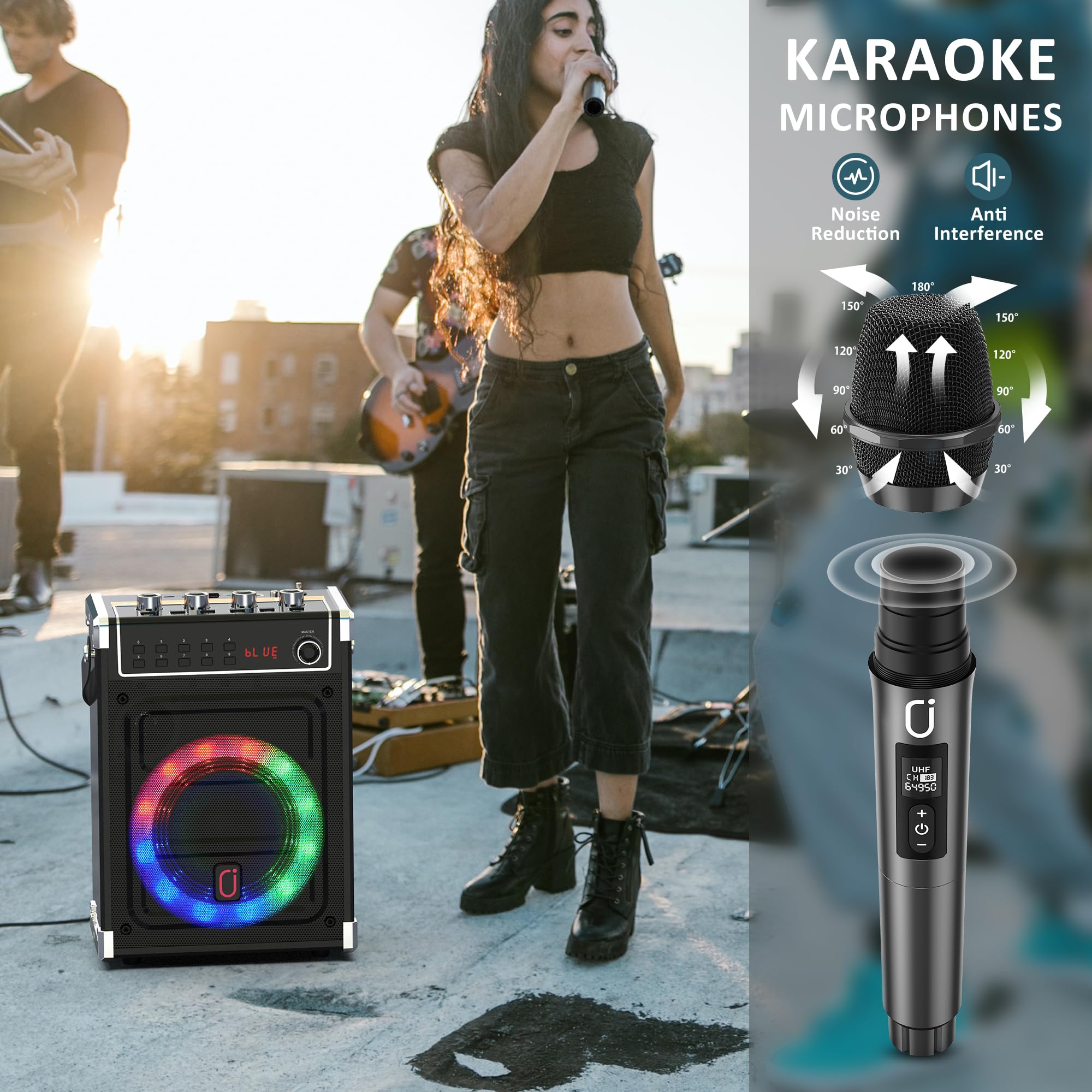JYX Portable Karaoke Machine with 2 Wireless Microphones - Bluetooth Speaker with Bass/Treble Control, LED Lights, TWS, AUX, FM Radio & Recording - PA System with Remote Control for Home Parties, Family Gatherings & Kids Entertainment