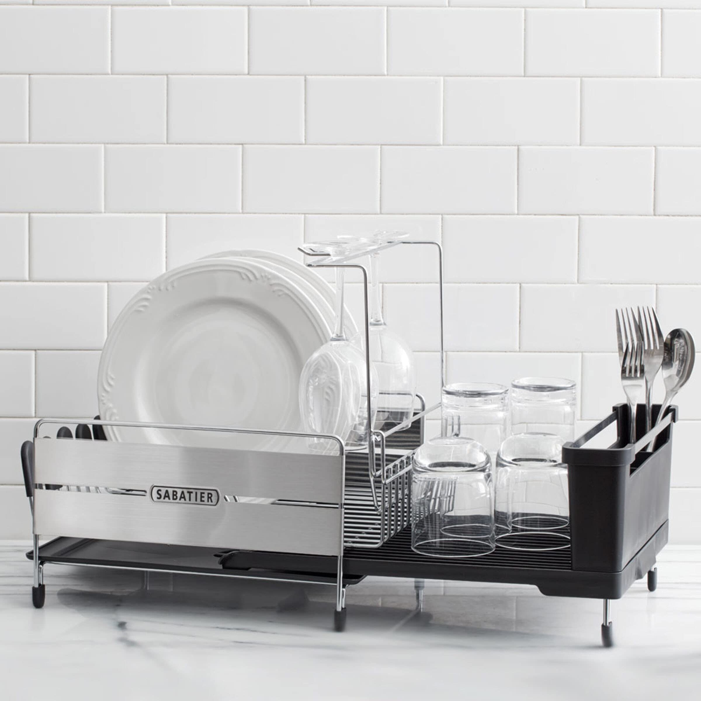 Sabatier Expandable Stainless Steel Dish Rack - Rust-Resistant Soft Coated Wires, Bi-Directional Spout, Utensil Caddy & Removable Stemware Holder - Perfect for Kitchen Countertop, Sink Side & Small Space Organization