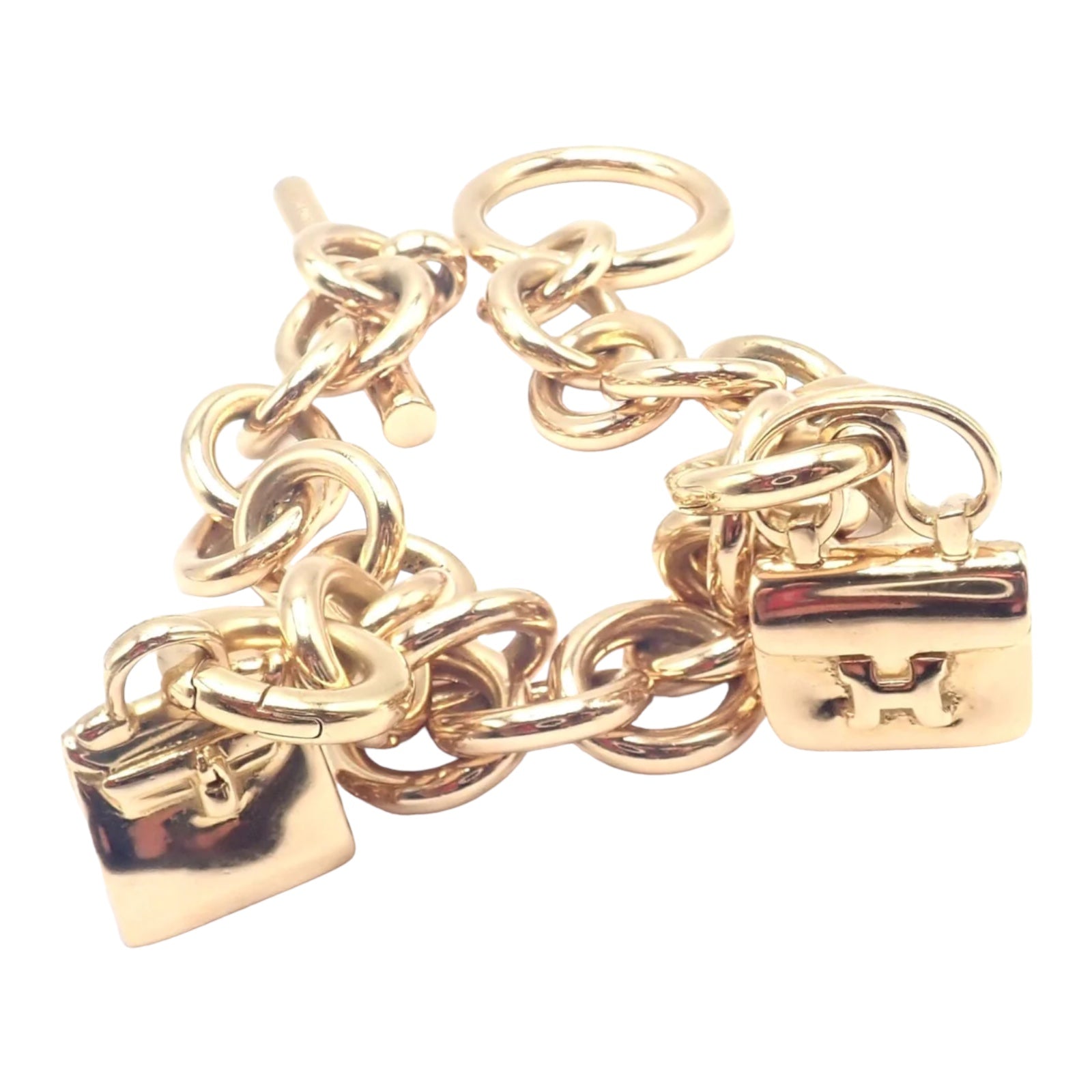 Authentic Hermes 18k Yellow Gold Heavy Link Toggle Bracelet with Two Charms - Luxury Jewelry for Women, Perfect for Gifts, Parties & Special Occasions