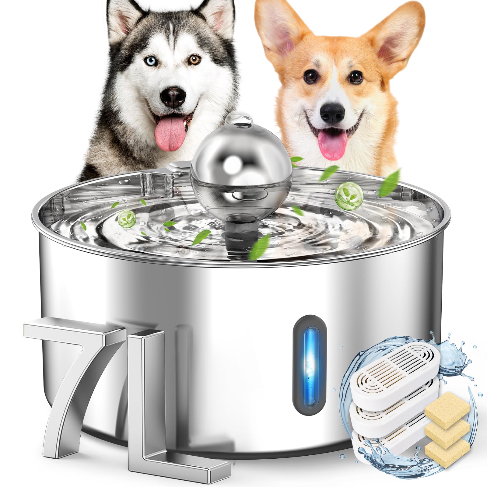 7L/237oz/1.8G Stainless Steel Automatic Dog Water Fountain with Quiet Pump & Multi-Filtration System - Large Pet Water Dispenser Bowl for Dogs & Cats (Silver) - Perfect for Home, Office, and Outdoor Use