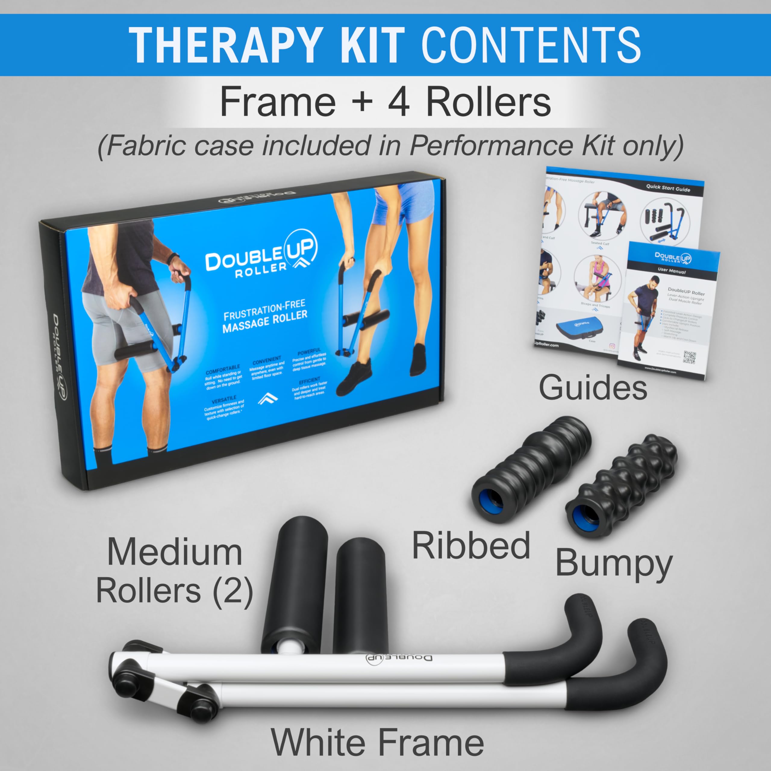 DoubleUP Roller Therapy Kit - White - Deep Tissue Muscle Massager with Adjustable Lever-Action Pressure & Interchangeable Rollers for Back Pain Relief, Post-Workout Recovery & Relaxation at Home or Gym
