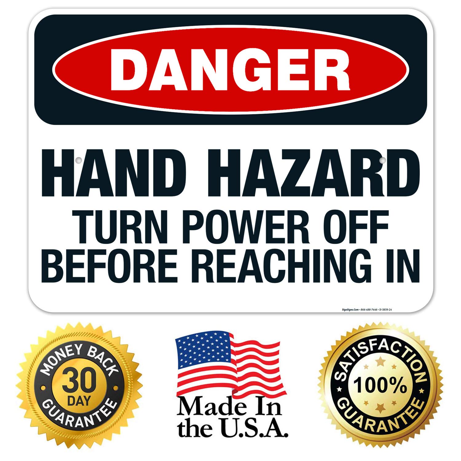 OSHA Danger Sign - Hand Hazard Turn Power Off Before Reaching, 18x24 Inch Rust-Free Aluminum Safety Sign, Fade Resistant for Indoor/Outdoor Use | Workplace Safety Equipment, Machine Guarding & Electrical Hazard Warning | Made in USA