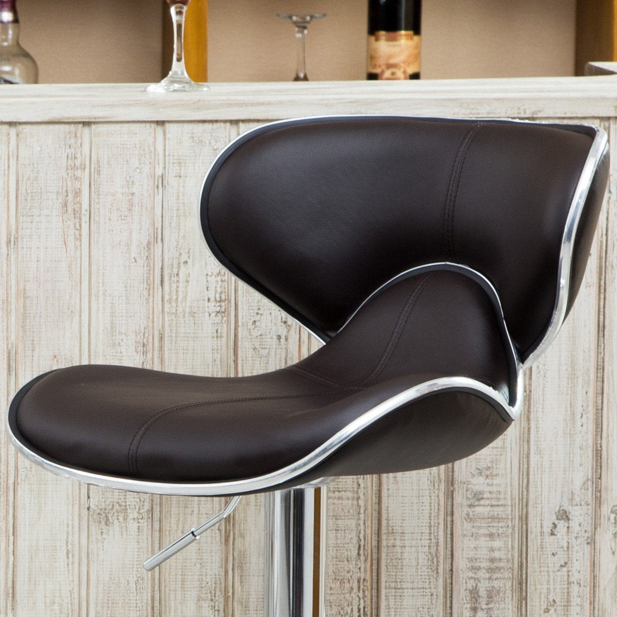 Roundhill Furniture Masaccio 2-Pack Brown Leatherette Bar Stools with Adjustable Height, Swivel & Chrome Base - Perfect for Kitchen Islands, Home Bars & Counter Seating