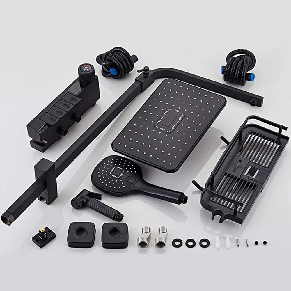Black Thermostatic Shower Mixer Set with LED Screen Display & 10X30 cm Rain Shower Head - Chrome Bathroom Shower System with Sprayer & Shelf - Perfect for Modern Home Spa Experience