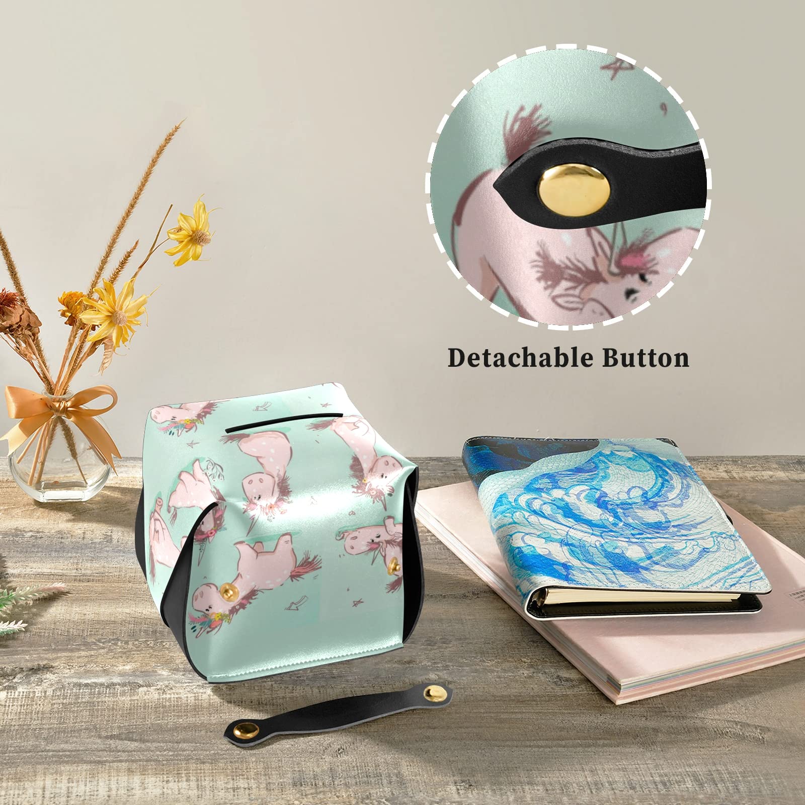 Seamless Cute Cartoon Pink Unicorn Tissue Box Cover – Turquoise Square Leather with Handle for Bathroom, Home, Office & Car (9.4x5.1x3.6 in) – Perfect for Nightstands, Vanity Countertops & Desk Decor