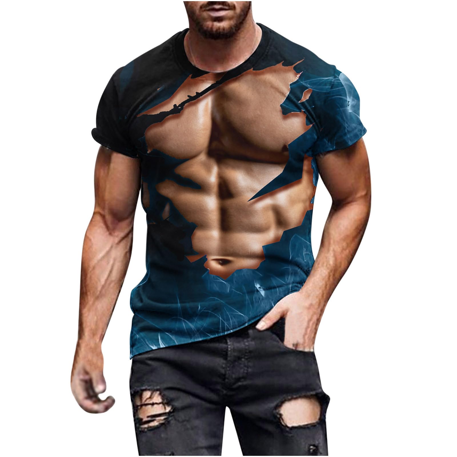 Sdeycui Men's 3D Muscle Printed T-Shirt - Funny Fake Abs Graphic Tee - Short Sleeve Summer Novelty Top for Gym, Beach & Casual Wear