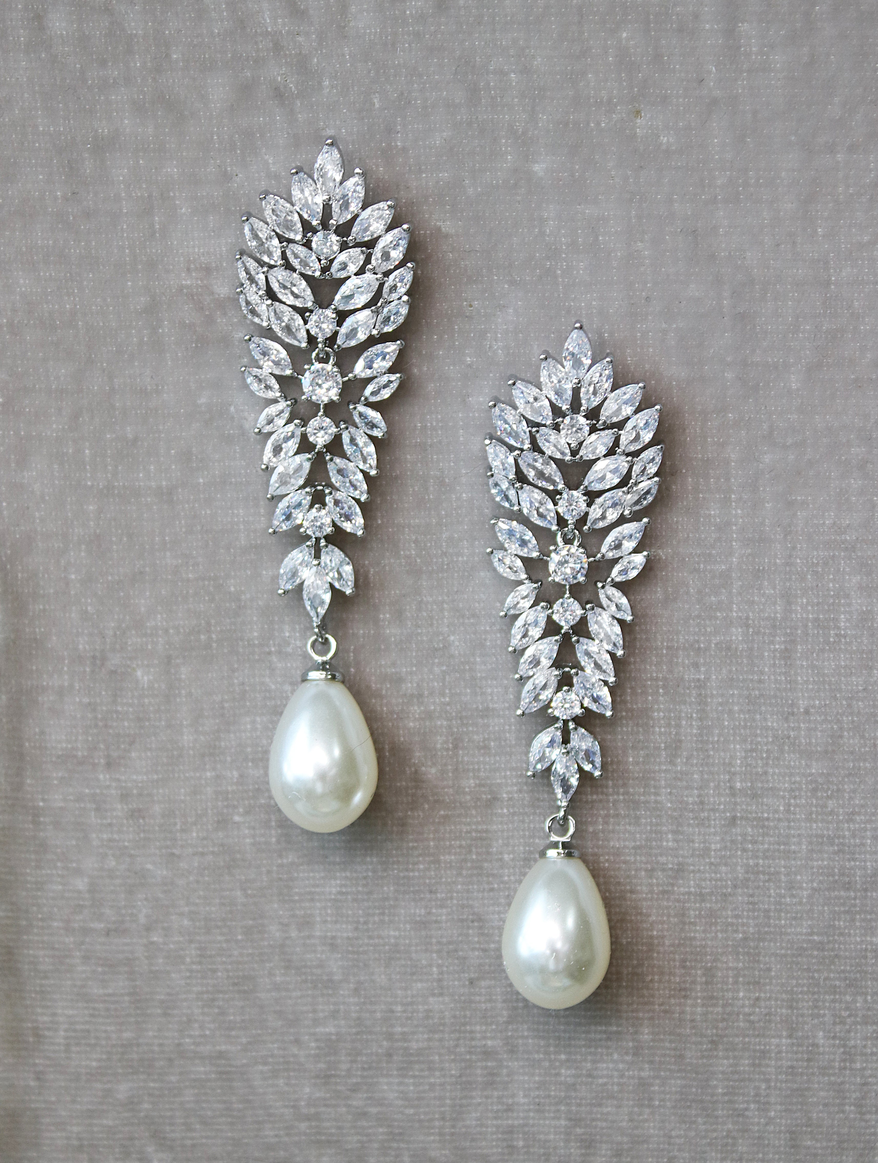 FABIOLA Simulated Diamond & Pearl Long Drop Earrings for Women - Elegant Dangle Earrings for Wedding, Party, Evening Wear & Special Occasions