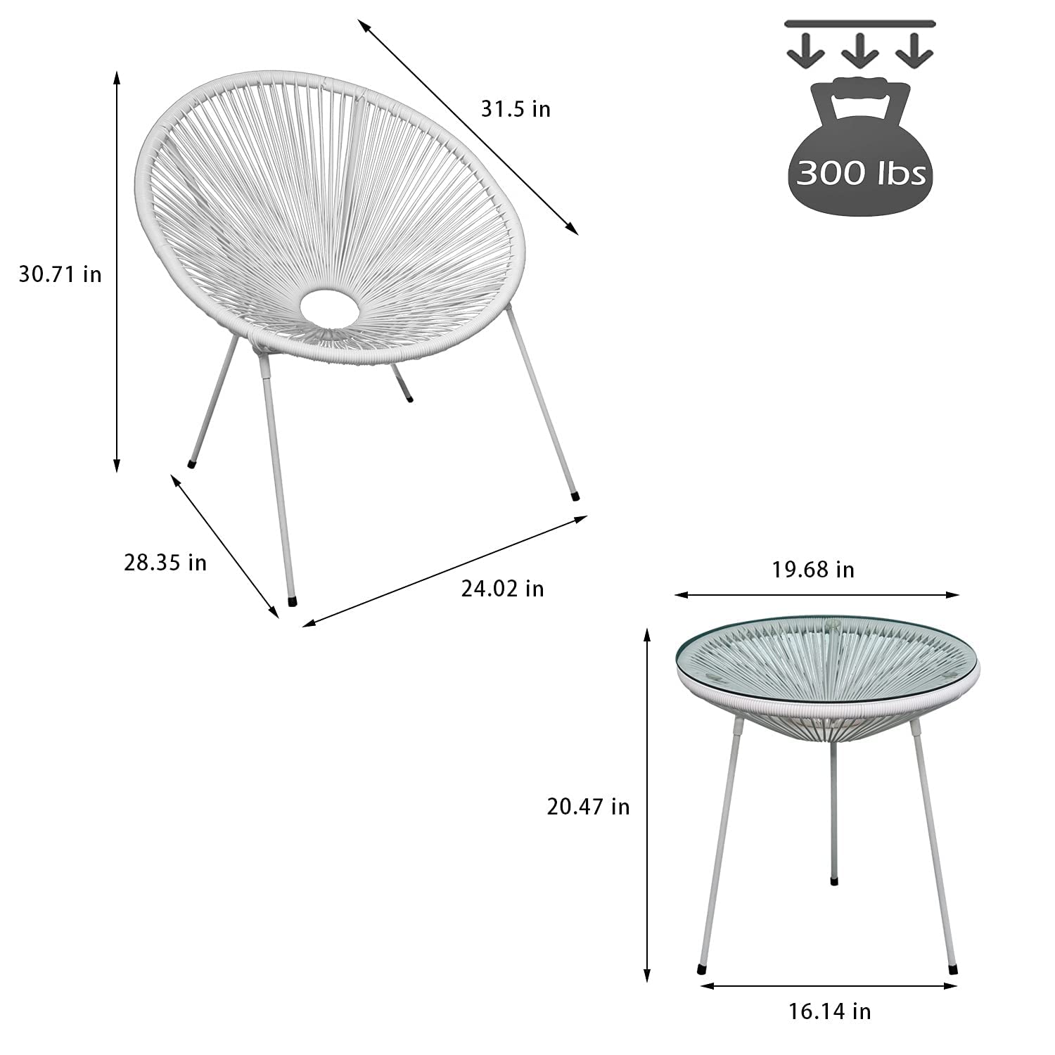 3-Piece Patio Furniture Set - Rattan Wicker Acapulco Lounge Chairs with Side Table - Indoor/Outdoor Bistro Set in White - Perfect for Garden, Balcony, Poolside & Small Spaces