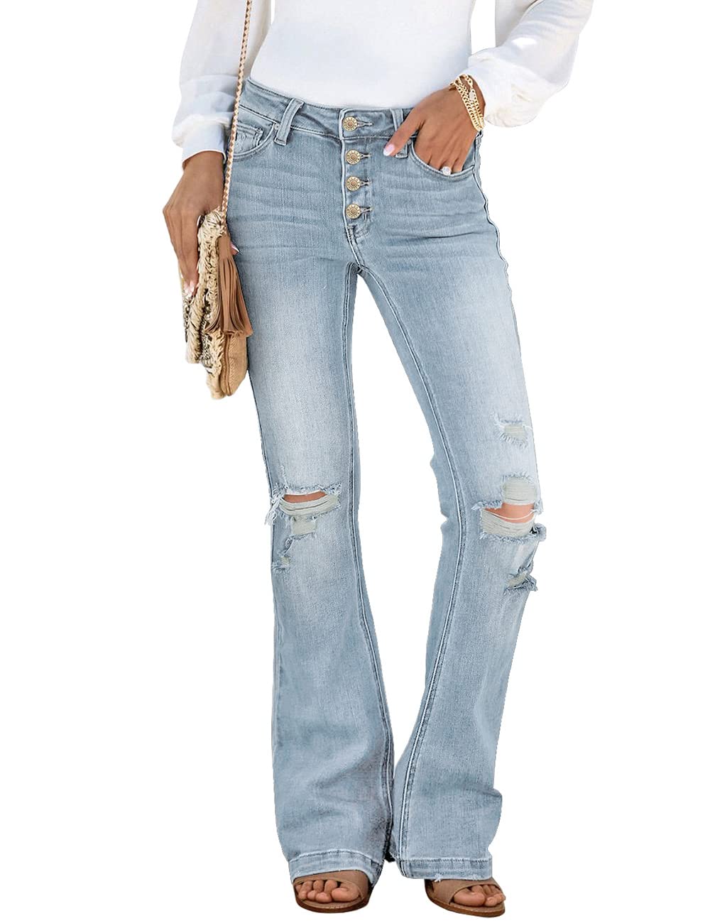 Luvamia Women's High Waisted Ripped Flare Jeans - Retro Wide Leg Bell Bottom Denim Pants for Casual & Vintage Outfits | Perfect for 70s Theme Parties, Concerts & Boho Fashion