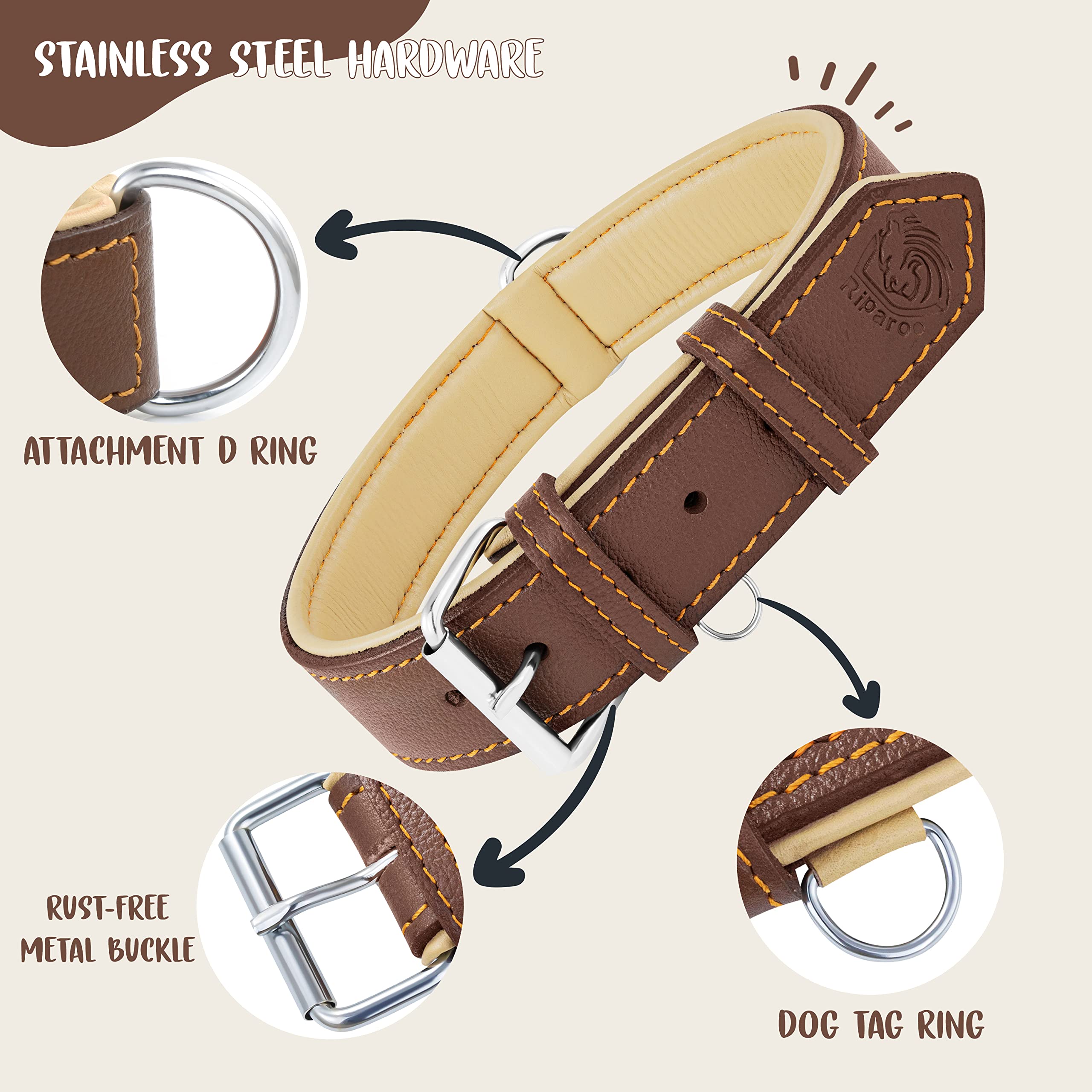 Premium Genuine Leather Dog Collar for Medium Dogs - Adjustable 13.5