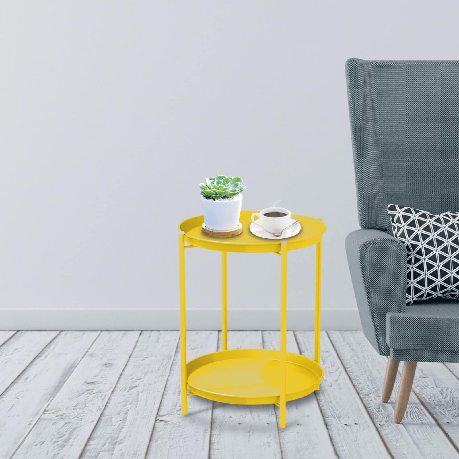 2-Tier Round Outdoor Side Table - Yellow Grand Patio End Table for Garden, Poolside, or Balcony Decor