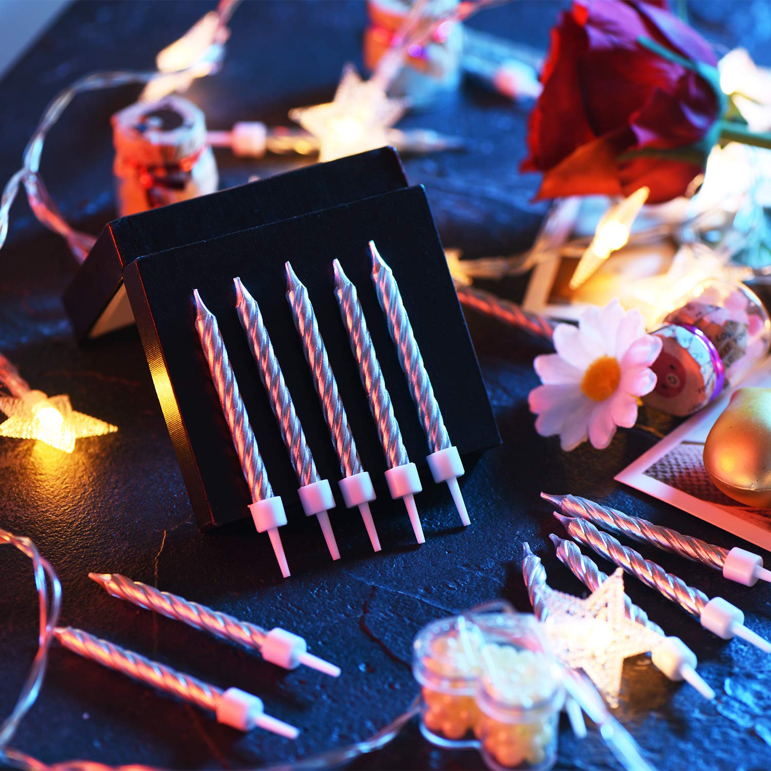 Blulu 50-Pack Silver Metallic Spiral Cake Candles with Holders - Short Thin Birthday Candles for Cupcakes, Wedding Cakes & Party Decorations - Perfect for Birthday Parties, Wedding Receptions & Anniversary Celebrations