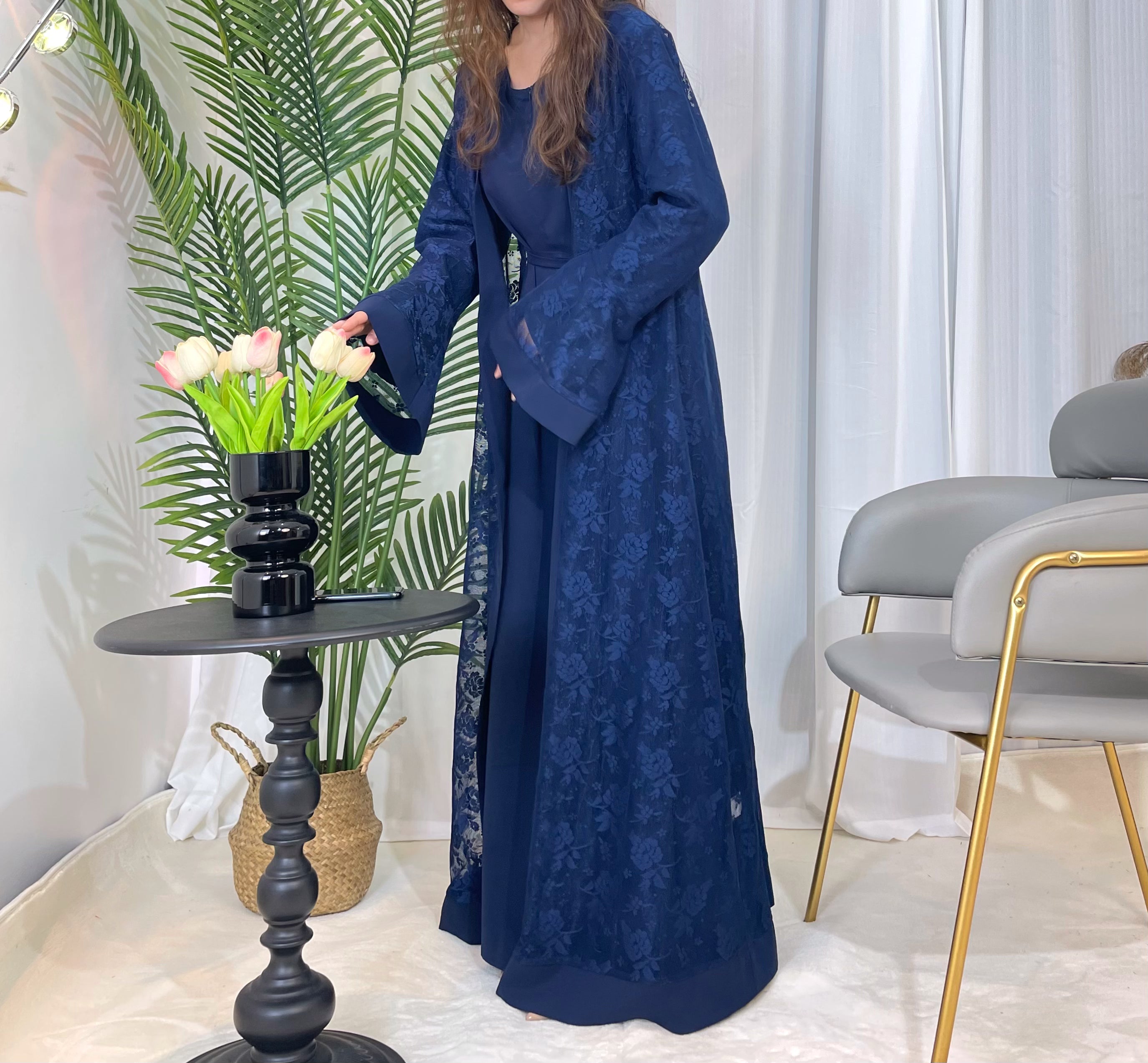 CL59 Elegant Lace Two-Piece Abaya Set - Modest Muslim Dress with Inner Gown & Cardigan for Women | Perfect for Eid, Ramadan & Special Occasions