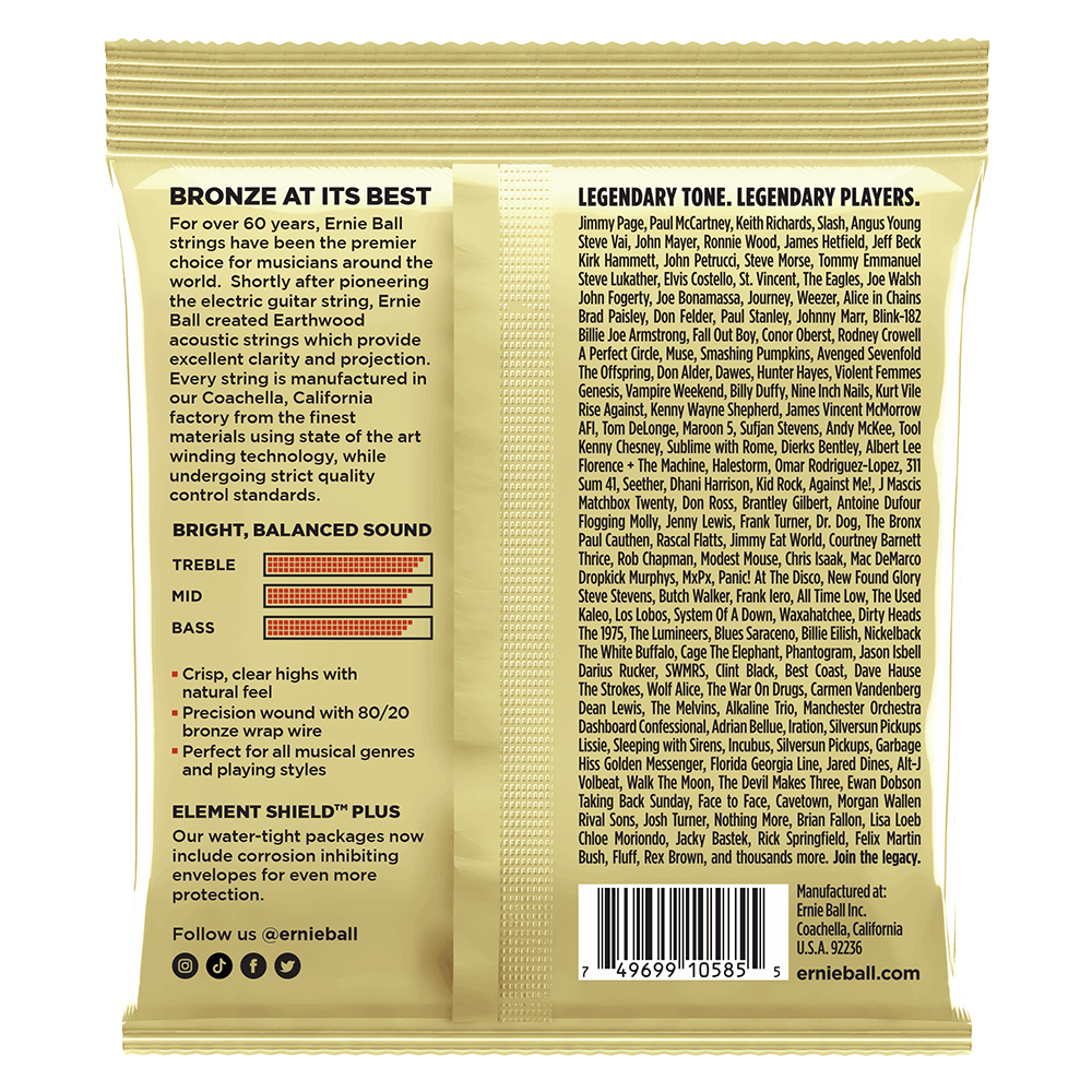 Ernie Ball Earthwood Custom Light 8020 Bronze Acoustic Guitar Strings 11.5-54 - Perfect for Folk, Country & Fingerstyle Playing