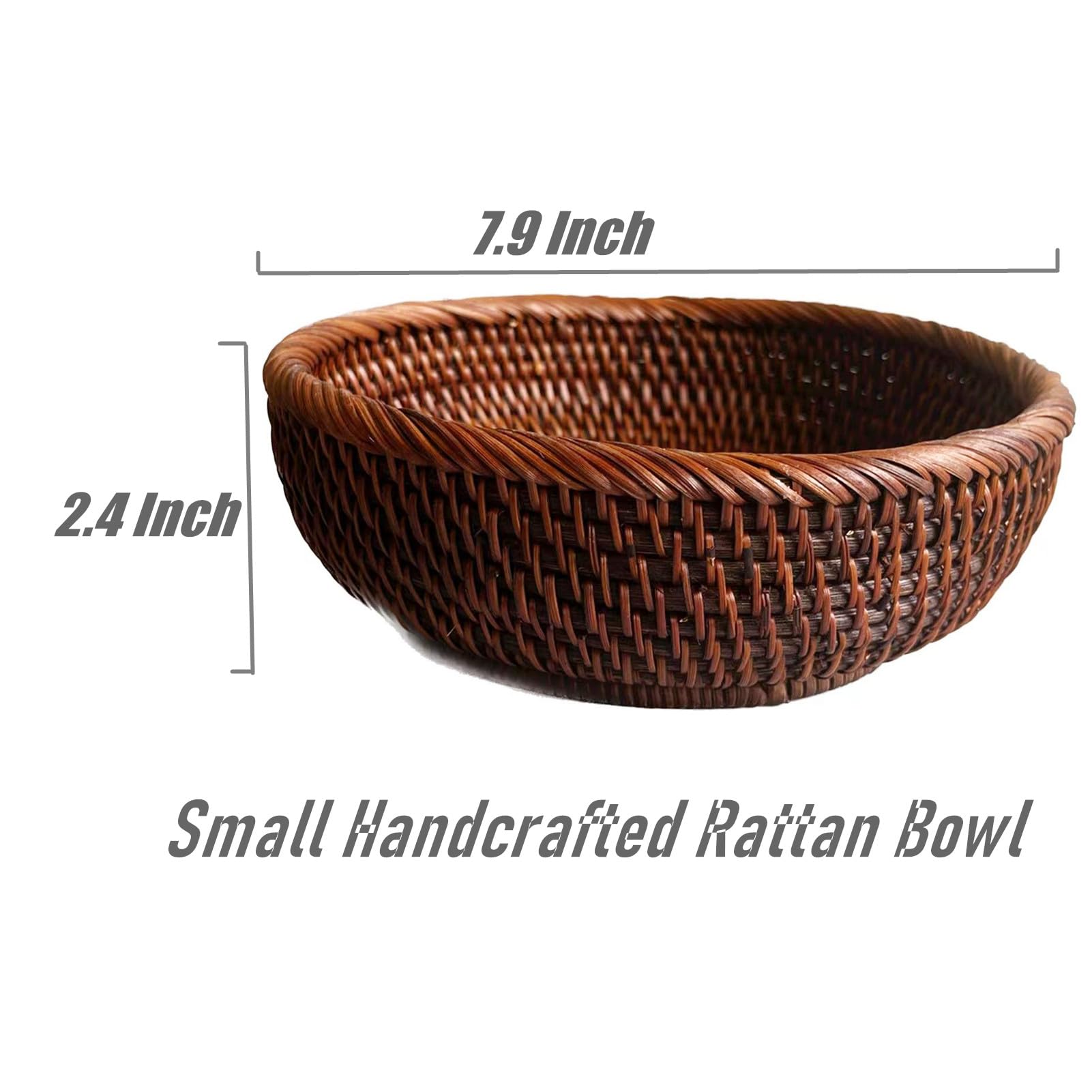 8 Inch Round Rattan Bowl Basket - Handmade Wicker Tray with Scalloped Edge & 3