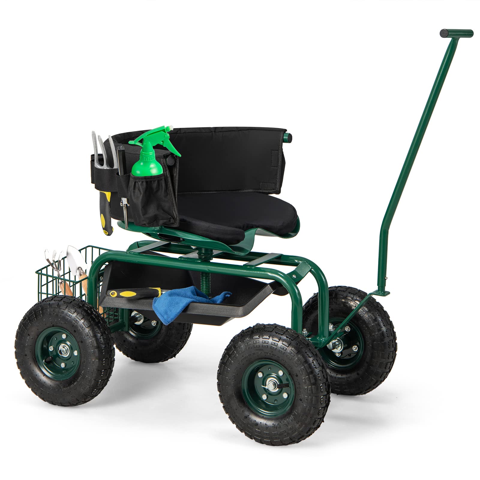 Goplus Rolling Garden Seat with Wheels - 360° Swivel Outdoor Gardening Cart with Tool Storage & 2 Steering Handles - Foldable Gardening Stool Wagon Scooter for Lawn, Patio & Yard Work - Perfect for Seniors & Elderly Gardeners (Ideal for Planting, Weeding & Landscaping)