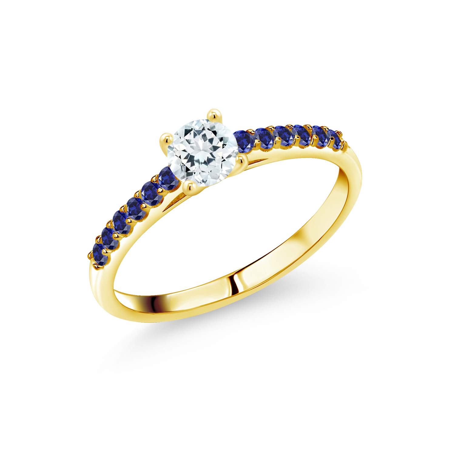 0.74 Ct Round Sky Blue Aquamarine & Created Sapphire 10K Yellow Gold Ring for Women | Elegant Birthstone Jewelry Gift for Anniversary, Engagement & Special Occasions