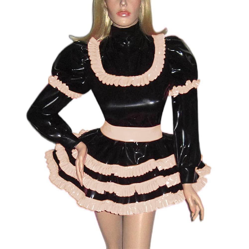 Lockable Sissy French Maid Dress for Men - PVC A-Line Lolita Cosplay Costume with Long Lantern Sleeves | Crossdressing, Fetish Wear & LGBTQ+ Events