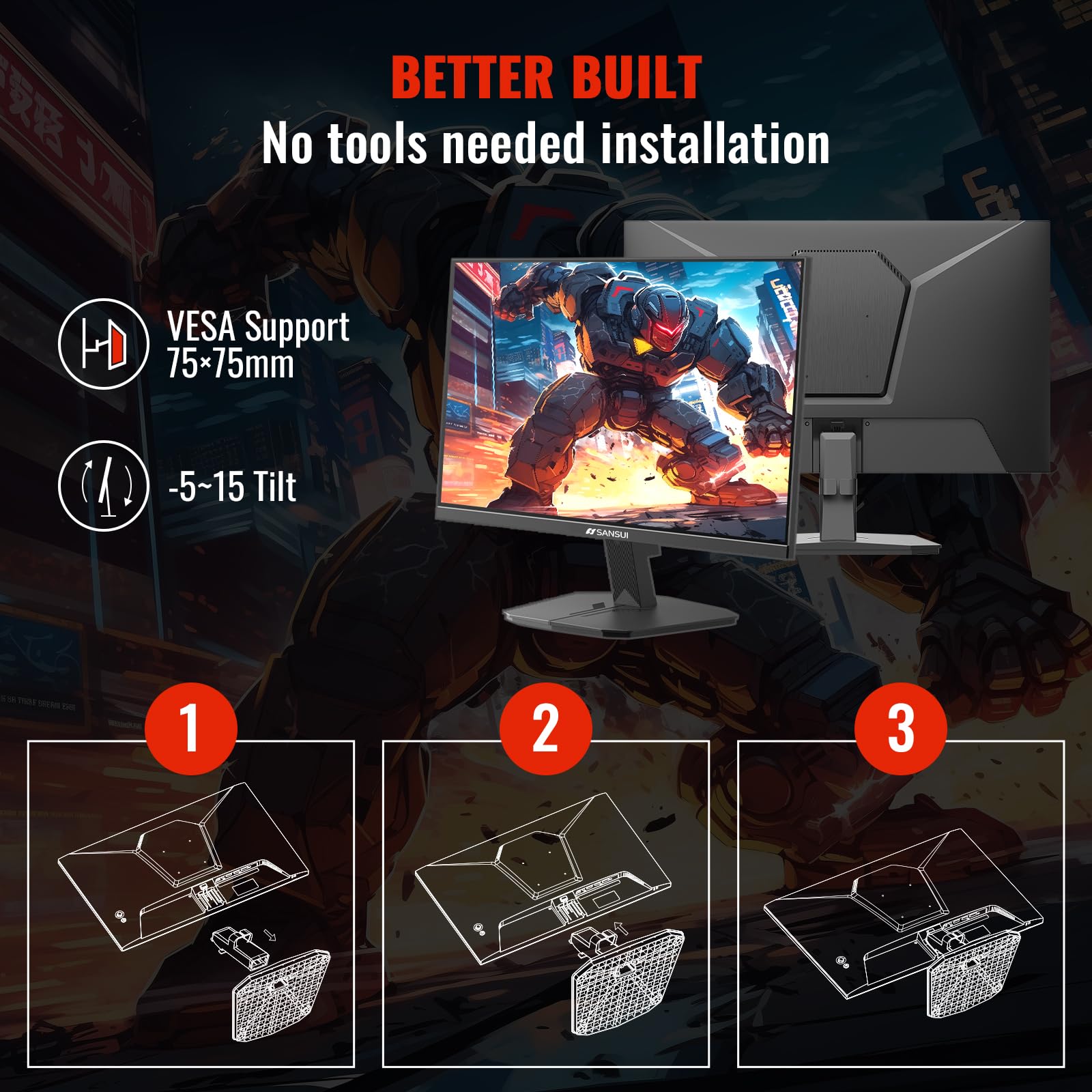 SANSUI 24 Inch Gaming Monitor 180Hz 1ms Response Time, AMD FreeSync, HDR, 110% sRGB, FHD 1080P, HDMI & DP Ports, Eye Care, Frameless Design, VESA Mount - Perfect for Esports, PC Gaming & Home Office Setup (Includes HDMI Cable)