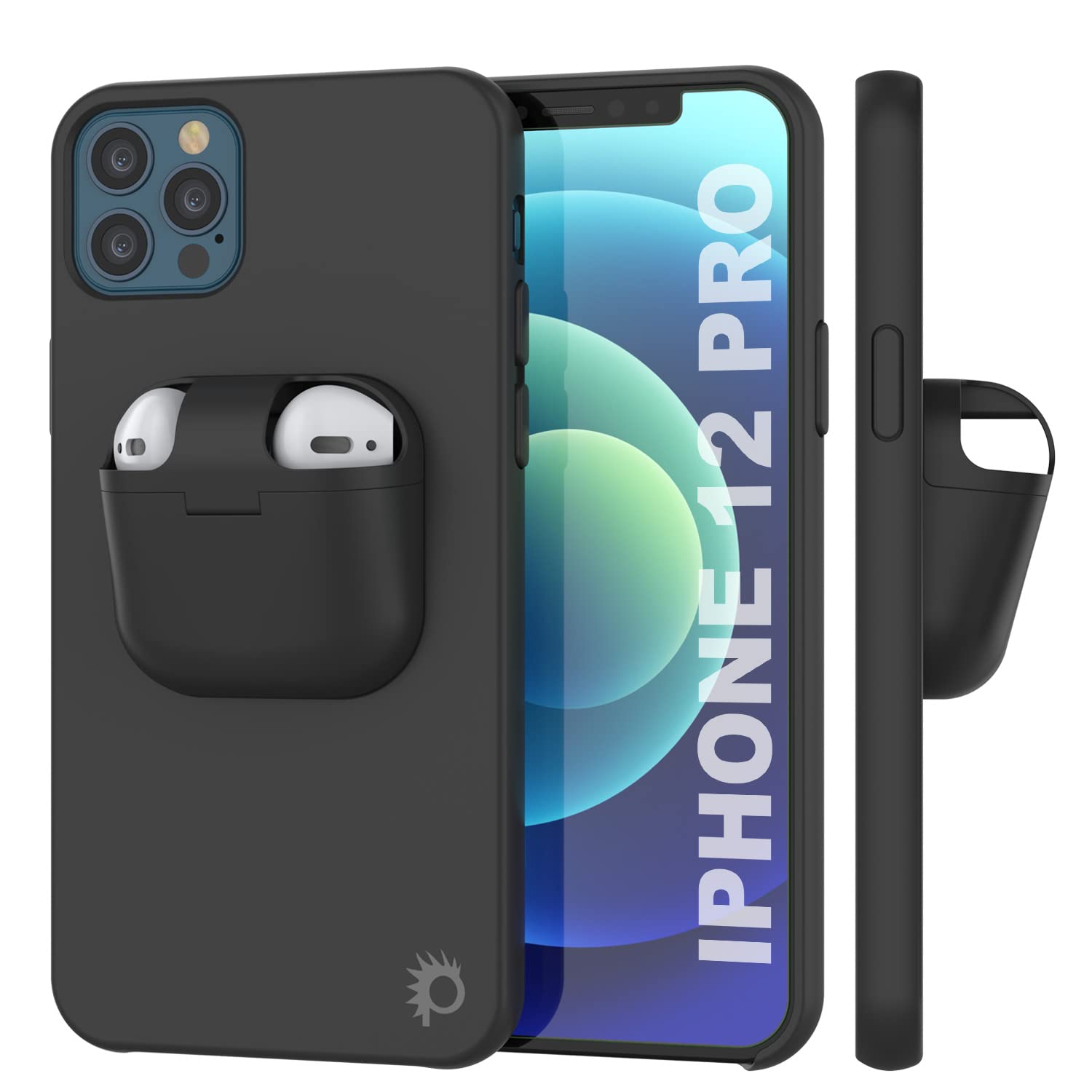 Punkcase iPhone 12 Pro Case with AirPods Holder - Slim & Durable 2-in-1 Protective Cover for iPhone 12 Pro (6.1 Inch) - Compatible with AirPods 1 & 2 - Perfect for Gym, Travel & Everyday Use [Black]
