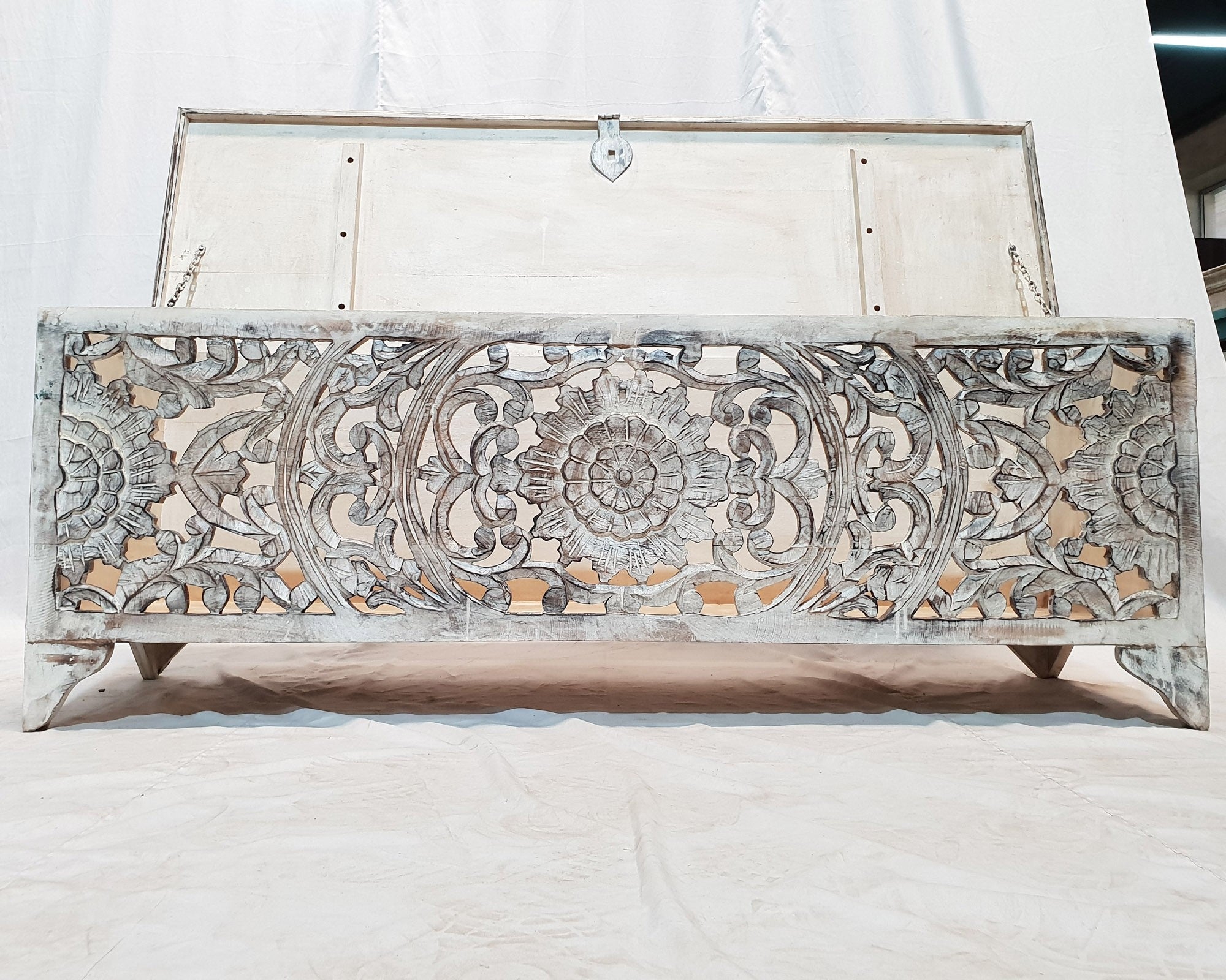 French Hand Carved Blanket Box - Whitewashed Rustic Storage Chest 55x17x20 Inches - Perfect for Bedroom, Living Room & Farmhouse Decor