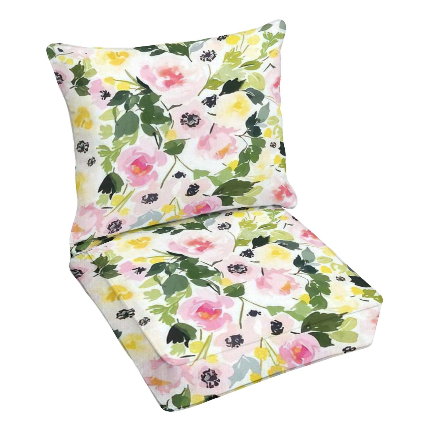 Premium Outdoor Deep Seating Cushion Set - Watercolor Peony Floral Design on White, Replacement Cushions for Patio Lounge Chairs & Conversation Sets - Perfect for Backyard, Poolside, and Garden Relaxation