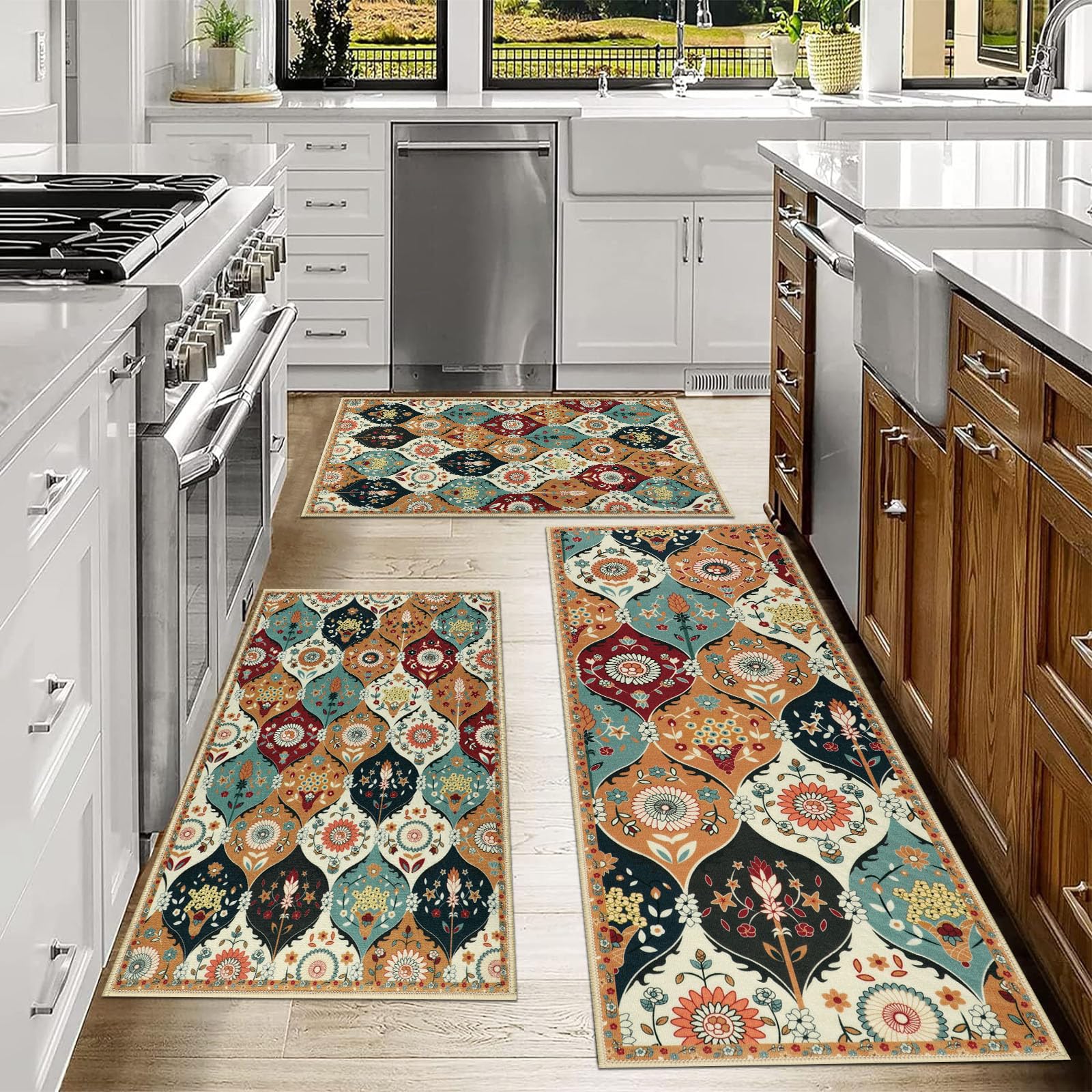 Falflor Moroccan Trellis Non-Slip Kitchen Rug Set of 3 - Washable Floral Pattern Floor Mats for Kitchen, Dining Room, Bathroom & Hallway | Anti-Skid Home Decor for High Traffic Areas