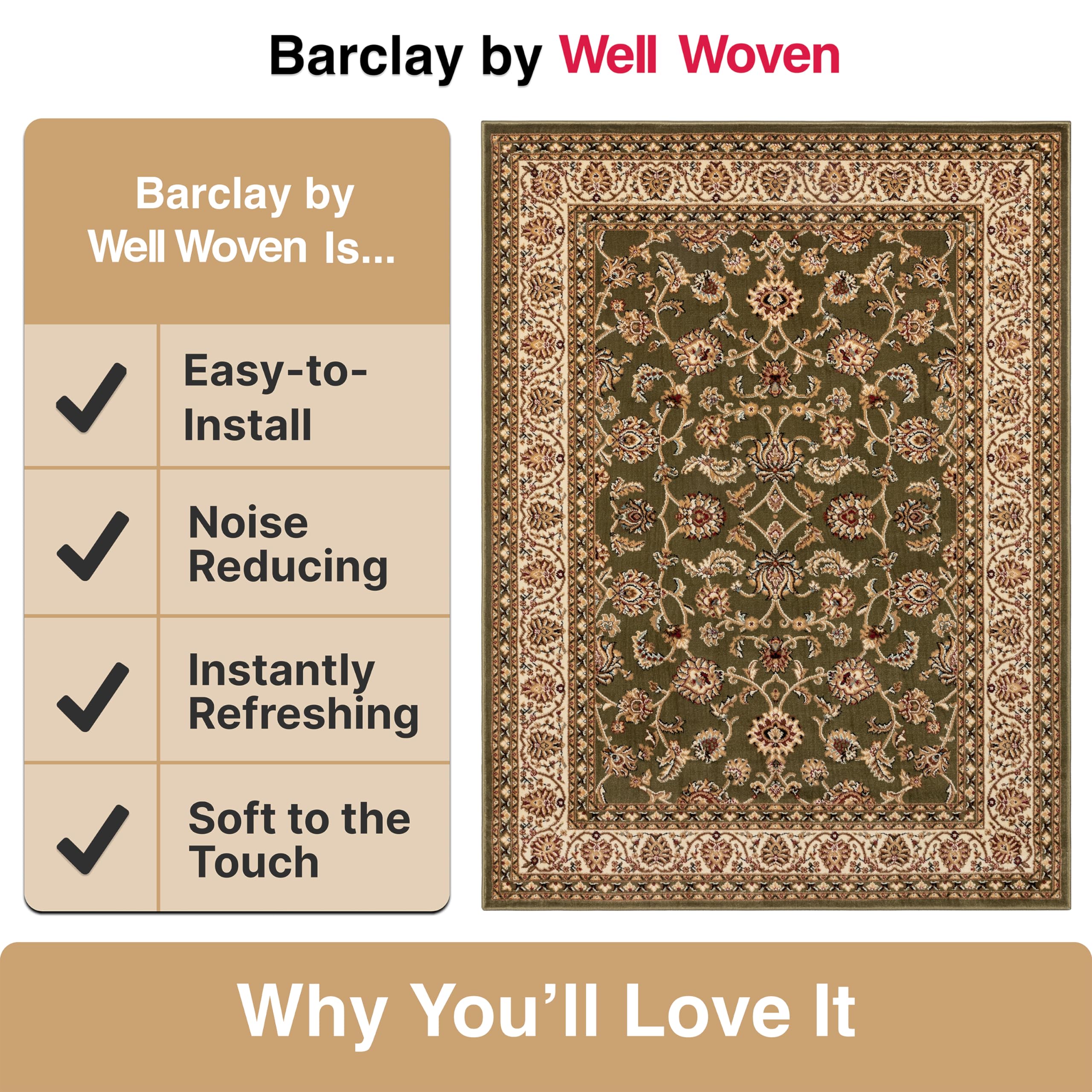 Well Woven Barclay Collection Sarouk Green 6x9 Area Rug - Soft Modern Handmade Wool Carpet for Living Room, Bedroom, Dining Room - Perfect for Home Decor, Office & High Traffic Areas