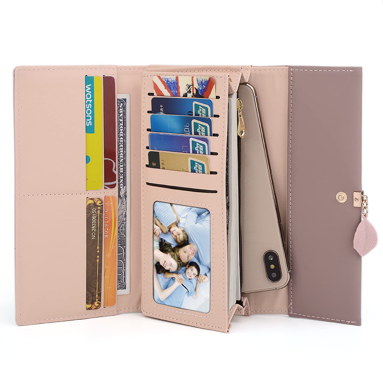 UTO RFID Blocking Wallet for Women - PU Leather Leaf Pendant Card Holder with Zipper Coin Purse | Phone & Checkbook Organizer | Perfect for Travel, Shopping & Everyday Use