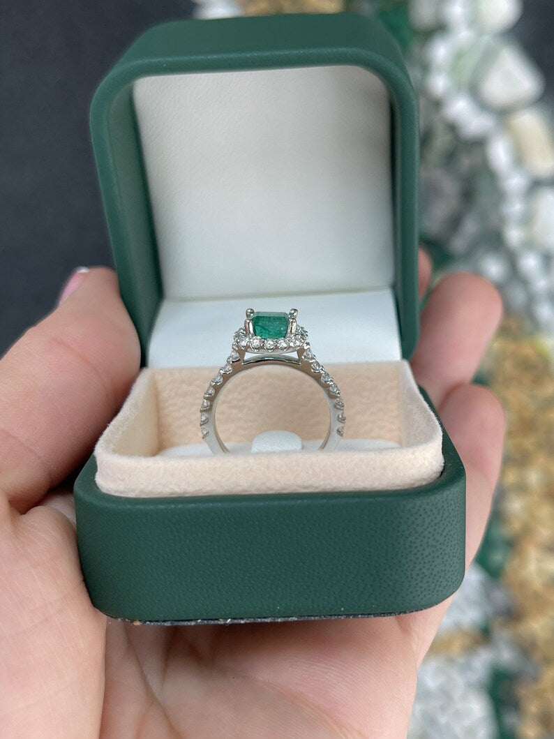 2.50tcw 14K White Gold East-West Emerald & Diamond Halo Engagement Ring for Women – Perfect for Proposals, Anniversaries & Bridal Jewelry