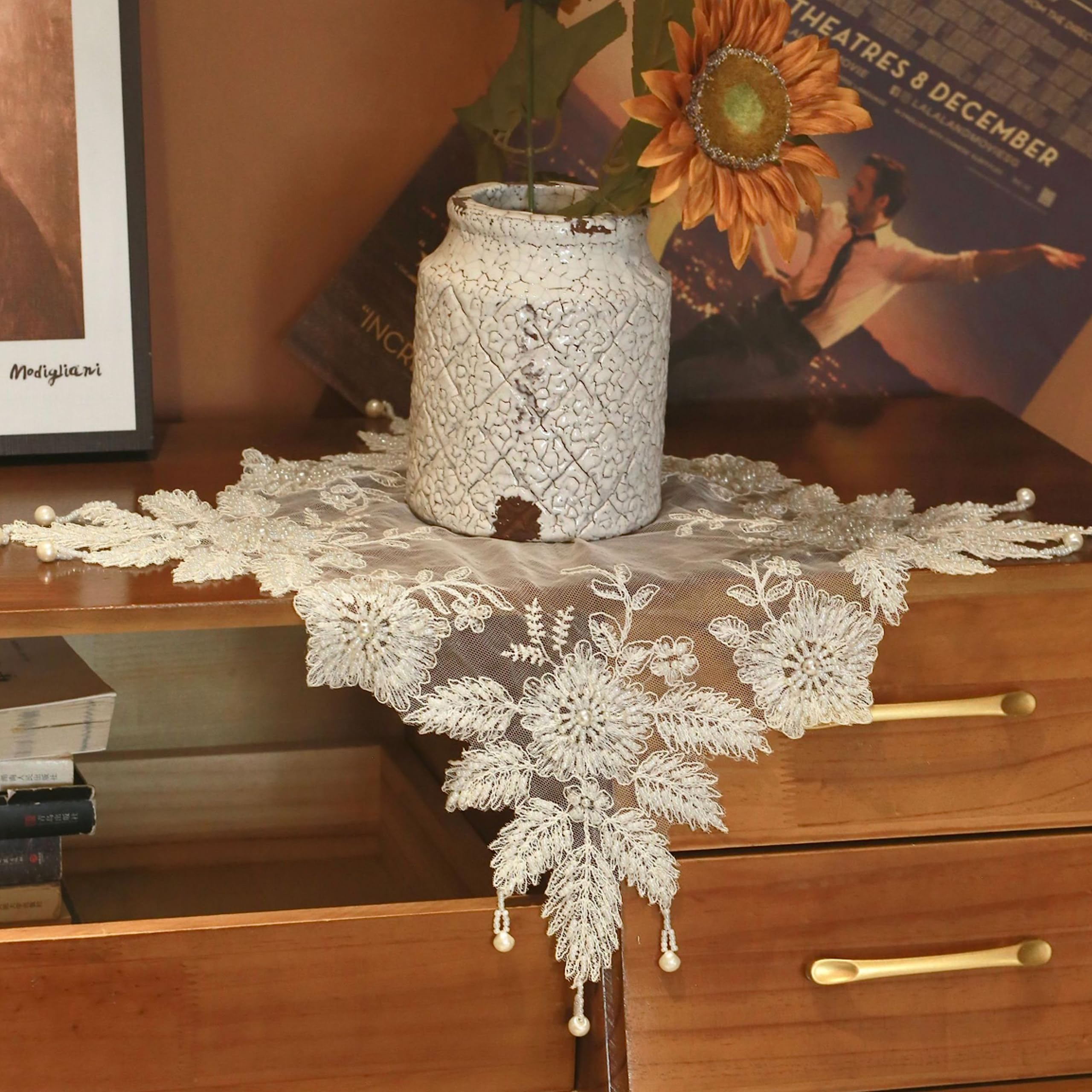 Handmade Beaded Lace Doilies - Embroidered Round Table Mat for Coffee Table, Centerpiece, Flower Pot, Wedding & Home Decor (15.7