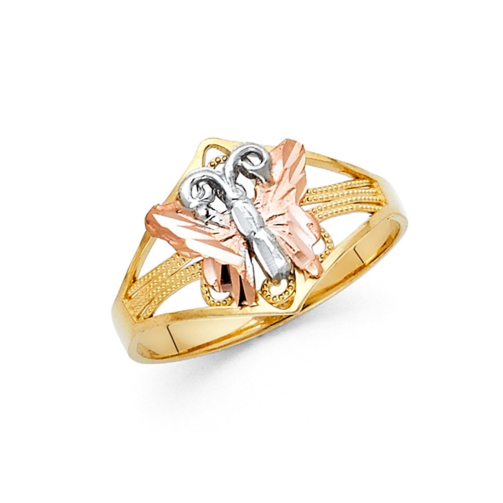 14K Yellow, White & Rose Gold Three-Tone Butterfly Ring for Women - Elegant Fashion Jewelry Gift for Anniversary, Valentine's Day & Special Occasions