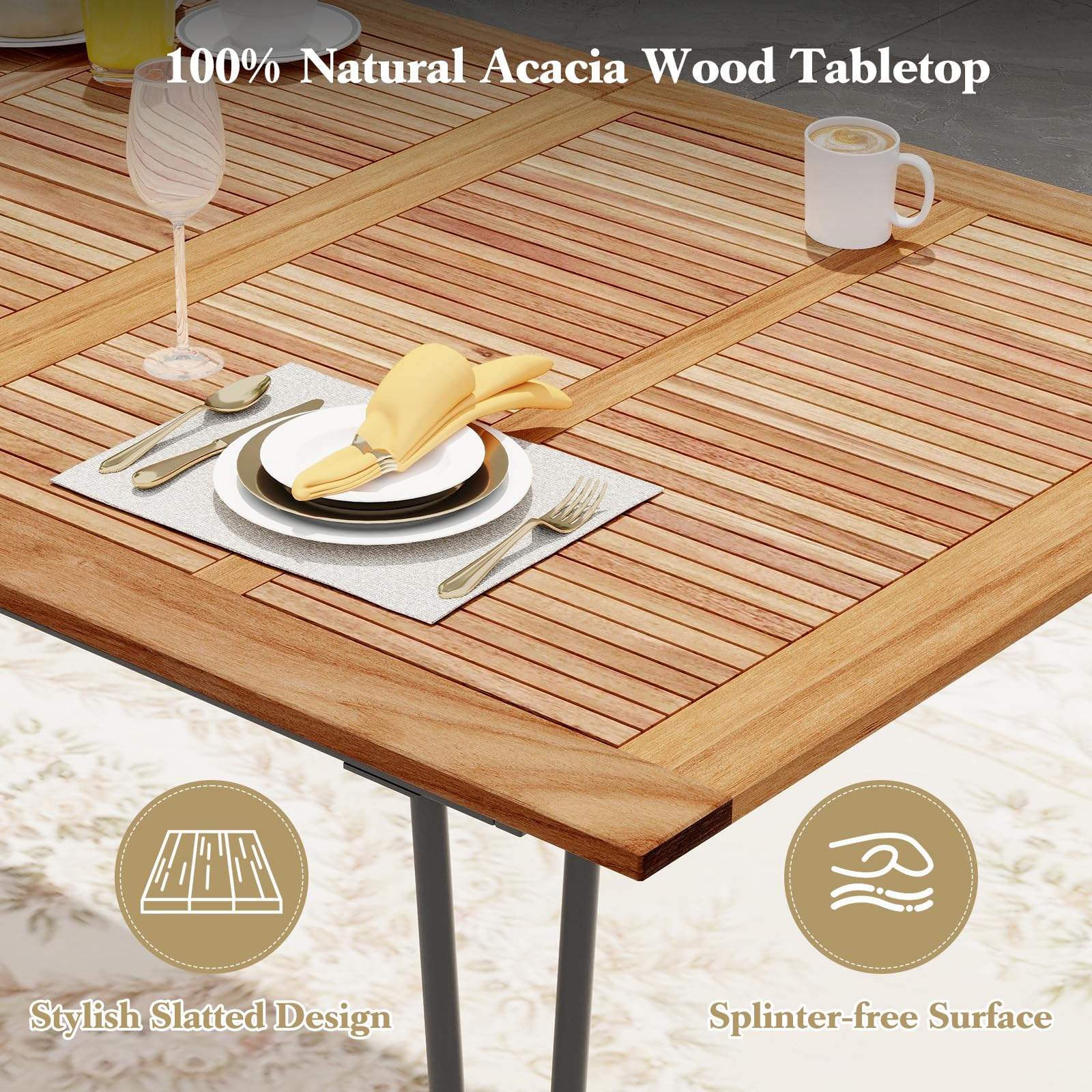 Tangkula 86.5-Inch Outdoor Dining Table with Acacia Wood Tabletop & Metal Legs - Rectangular Patio Table with Umbrella Hole for Garden, Deck, Backyard - Seats 8 People (86.5