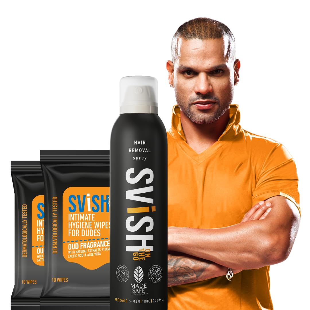 Svish Painless Hair Removal Spray for Men & Women - 200ml | Fast & Easy Body Hair Removal Cream Spray for Chest, Back, Legs, Underarms & Bikini Area | Includes 20 Wipes (Pack of 2) | Gentle Formula for Smooth Skin at Home, Gym, or Travel