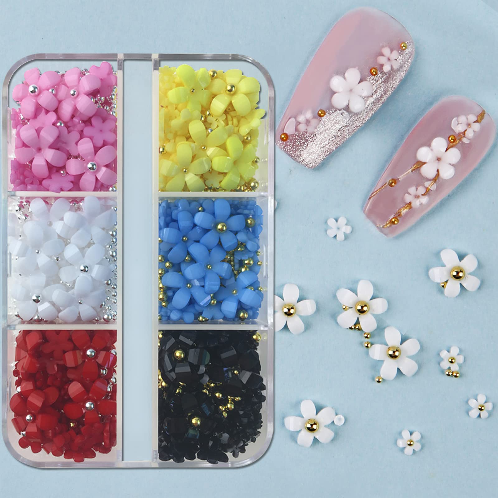 3D Flower Nail Charms - 6 Color Acrylic Nail Rhinestones with Gold Sliver Pearl for Spring Nail Art DIY (Blue Flower) | Perfect for Wedding, Party, and Salon Nail Designs
