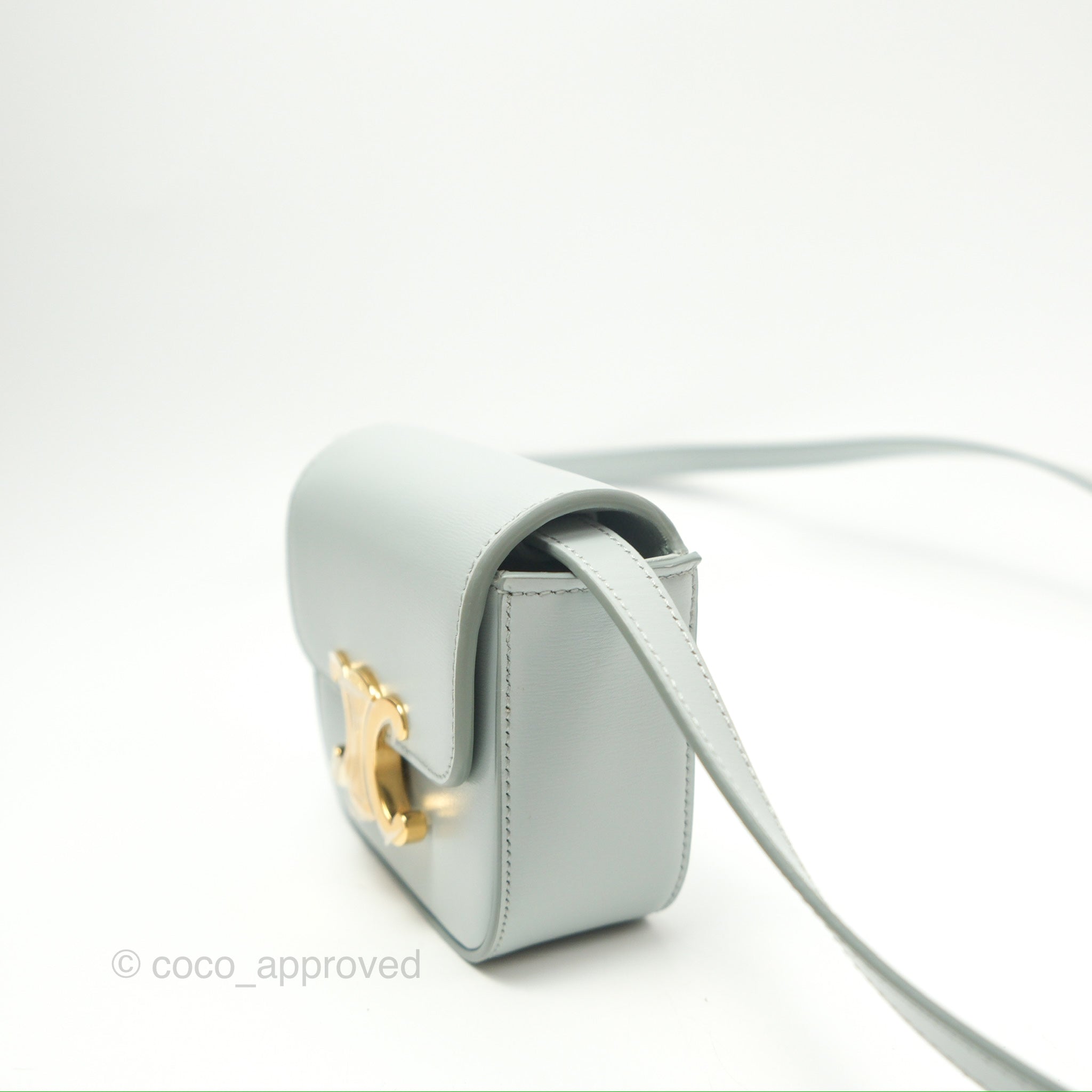 Celine Mini Claude Triomphe Bag in Soft Blue | Shiny Calfskin Leather Crossbody Purse | Perfect for Date Night & Evening Events