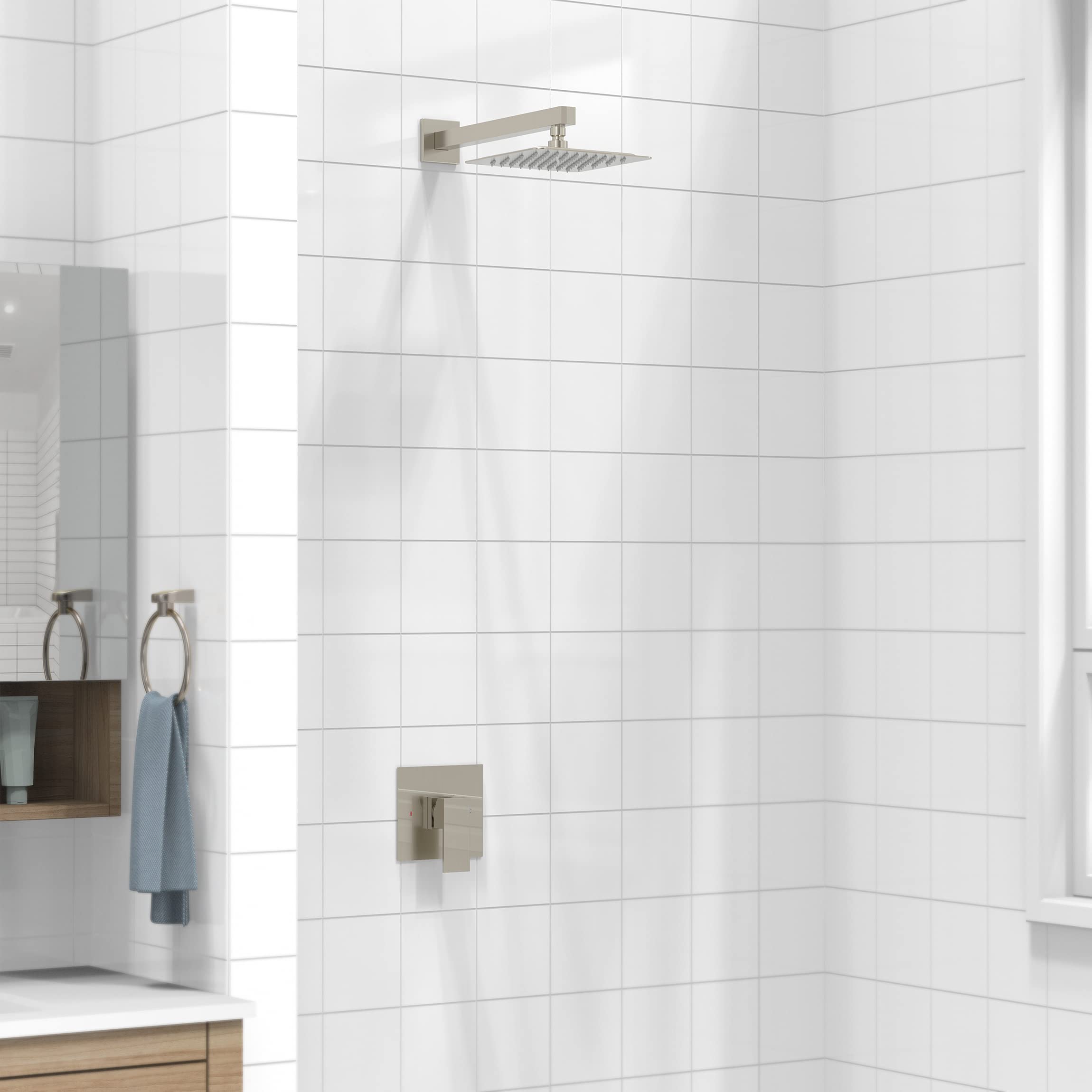SunCleanse 8 Inch Square Shower Faucet Set with Valve - Brushed Nickel Single Handle Shower Trim Kit with Extra Long Shower Arm - Perfect for Modern Bathroom Renovations & Spa-Like Shower Experience
